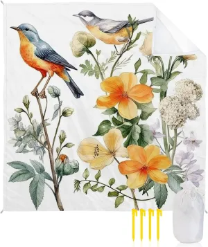 Beach Blanket, Spring Watercolor Vintage Yellow Flowers and Birds Beach Mat 83"x79" Large Picnic Blanket,Sandproof Waterproof Outdoor Beach Blankets for Travel Camping Hiking Beach Vacation