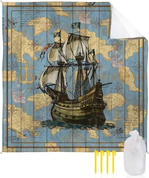 Beach Blanket, Vintage World Map Retro Nautical Sailboat Wood Grain Beach Mat 118"x108" Large Picnic Blanket,Sandproof Waterproof Outdoor Beach Blankets for Travel Camping Hiking Beach Vacation