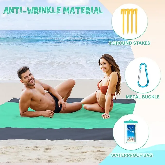 Beach Blanket Waterproof Sandproof 1-7 Adult Oversized 78 '' × 81 '' Lightweight Durable Compact Sand Free Beach Mat for Travel Camping Hiking Picnic Blanket