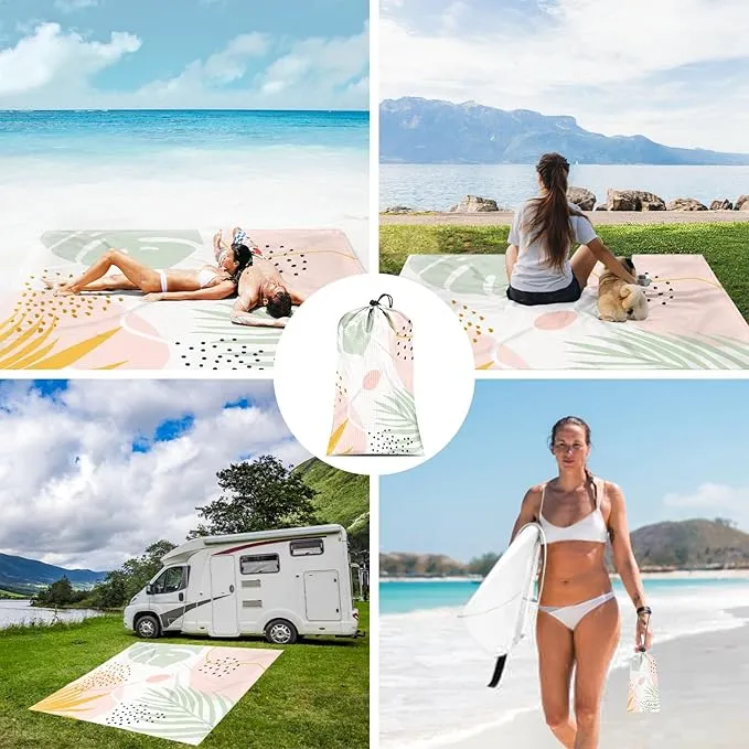 Beach Blanket Waterproof Sandproof, 9 Ft X 10 Ft Extra Large Sand Free Beach Mat, Big Compact Lightweight Quick Drying Camping Blanket with 4 Stakes & 4 Pockets for Picnic, Travel, Hiking
