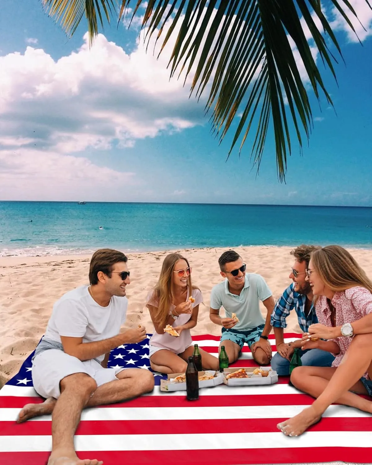Beach Blanket Waterproof Sandproof Beach Mat,Red Blue White Stars and Stripes Picnic Blankets with Sand Pockets and Stakes,USA Flag Independence Day Outdoor Pad for Seaside,Travel,Camping 118x108In