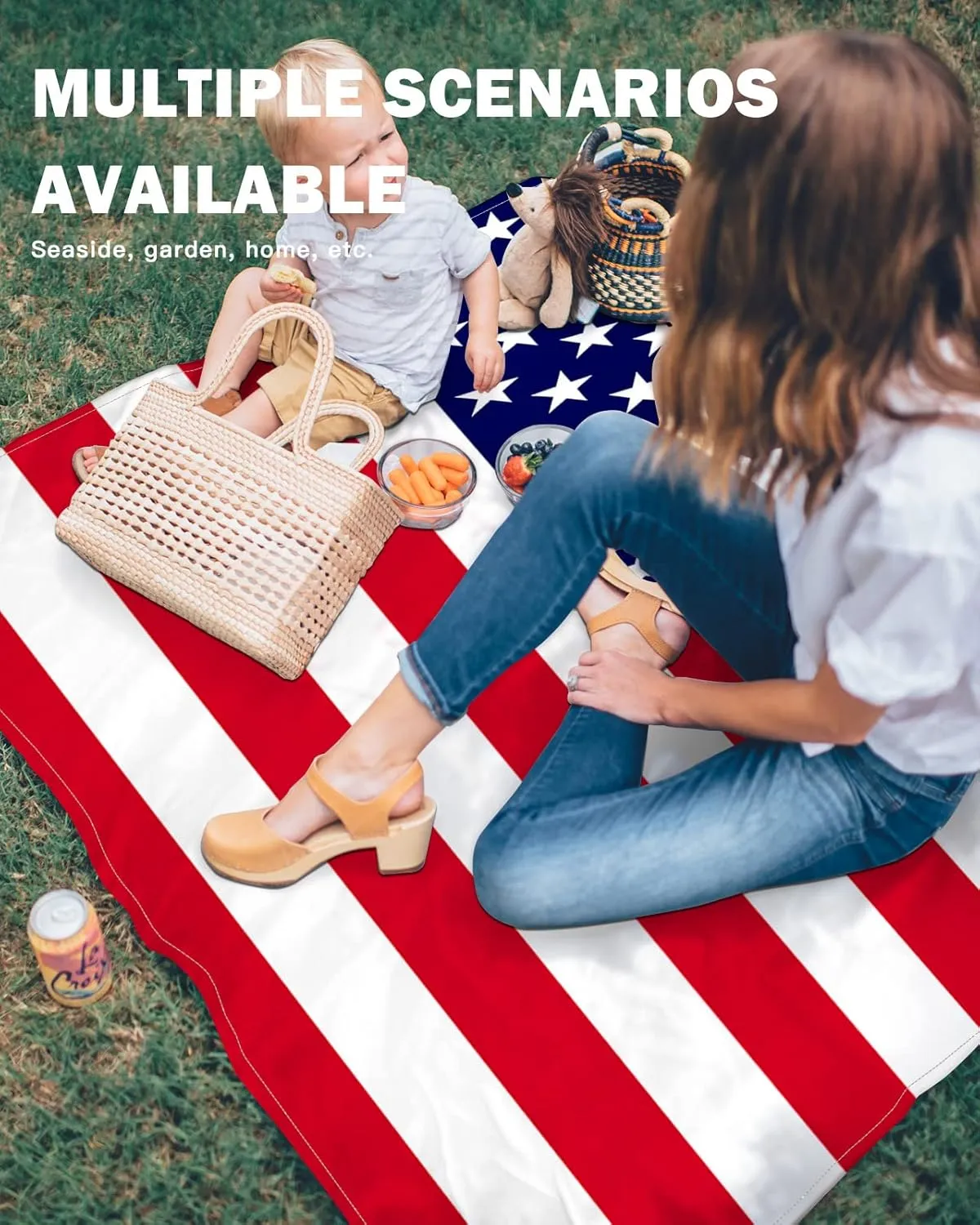 Beach Blanket Waterproof Sandproof Beach Mat,Red Blue White Stars and Stripes Picnic Blankets with Sand Pockets and Stakes,USA Flag Independence Day Outdoor Pad for Seaside,Travel,Camping 118x108In