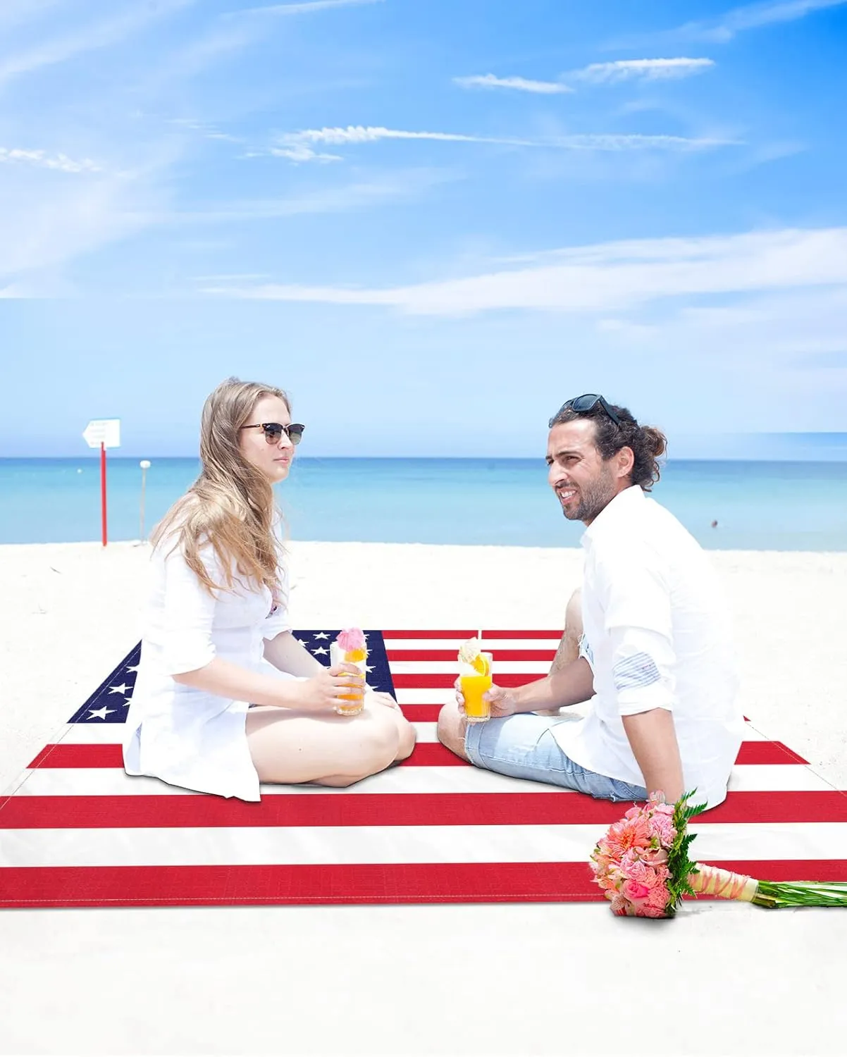 Beach Blanket Waterproof Sandproof Beach Mat,Red Blue White Stars and Stripes Picnic Blankets with Sand Pockets and Stakes,USA Flag Independence Day Outdoor Pad for Seaside,Travel,Camping 118x108In
