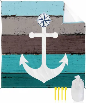 Beach Blanket Waterproof Sandproof, Ocean Anchor Nautical Compass Quick Drying Beach Mat with 4 Stakes, Vintage Barn Plank Seamless Lightweight Picnic Blanket for Travel Camping Outdoor 83"x79"