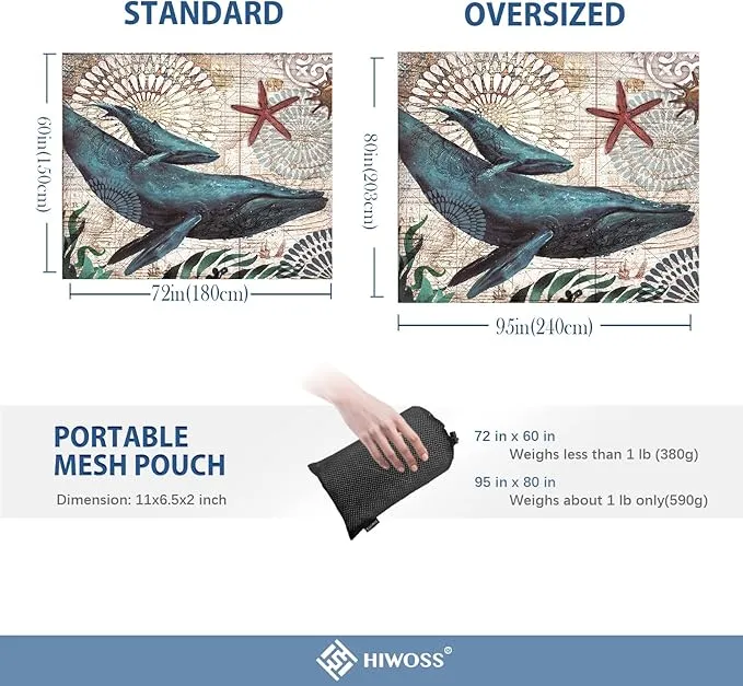 Beach Blanket Waterproof Sandproof Oversized 95”x 80”,Sand Free Beach Mat with Corner Pockets,Portable Mesh Bag for Beach Festival,Picnic,Travel and Outdoor Camping (Dolphin)