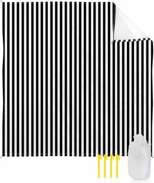 Beach Blanket Waterproof Sandproof Oversized,Black White Vertical Stripes Beach Mat with Corner Stakes Sand Pockets,Modern Minimalist Art Outdoor Picnic Mat for Travel Camping Hiking,108x84In