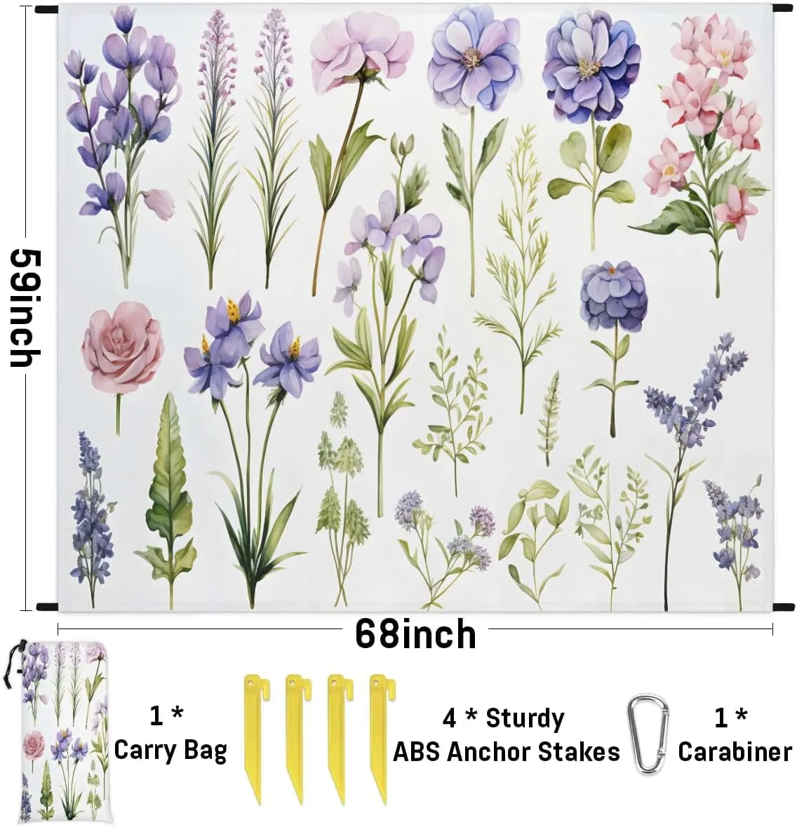 Beach Blanket, Wildflowers Floral Sandproof Beach Mat, Waterproof Quick Drying Sand Free Mat with 4 x Ground Spikes for Outdoor Travel Camping Hiking, Summer 68 x 59 in