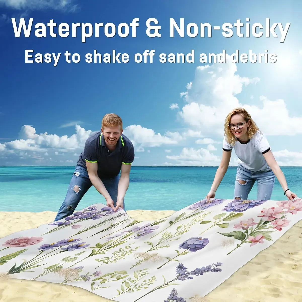 Beach Blanket, Wildflowers Floral Sandproof Beach Mat, Waterproof Quick Drying Sand Free Mat with 4 x Ground Spikes for Outdoor Travel Camping Hiking, Summer 68 x 59 in