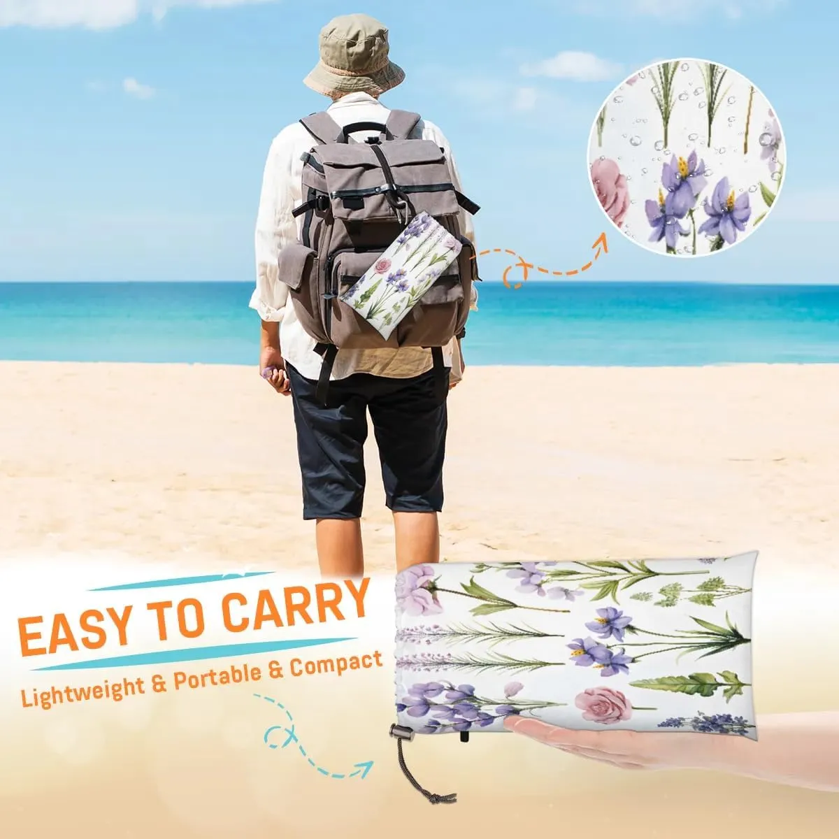 Beach Blanket, Wildflowers Floral Sandproof Beach Mat, Waterproof Quick Drying Sand Free Mat with 4 x Ground Spikes for Outdoor Travel Camping Hiking, Summer 68 x 59 in