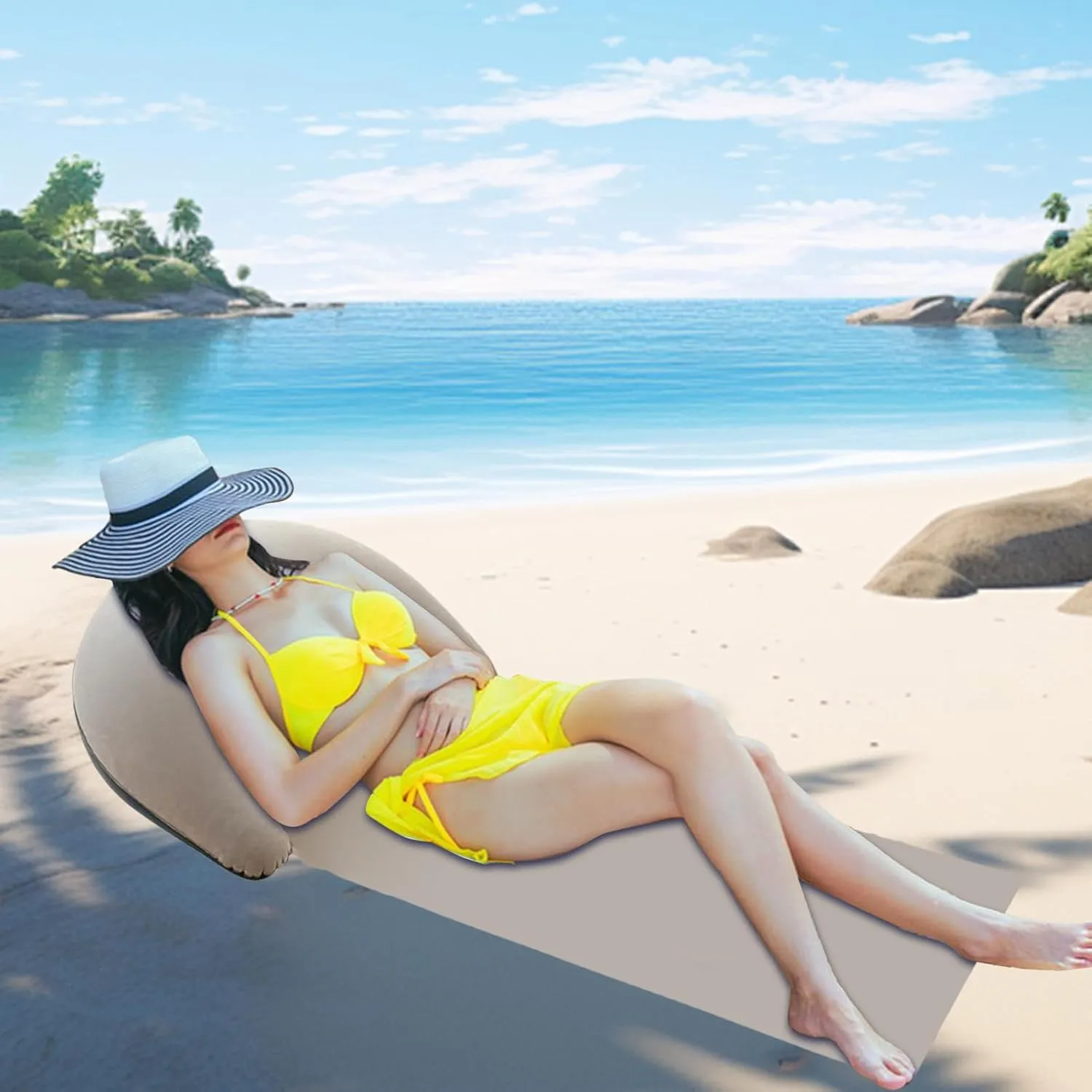 Beach Mat - PVC Flocking Inflatable Pillow Outdoor Beach Lounger,Sandproof Lounger, Resting Relaxing Pad Foldable Family Friends Sun Bathing Tanning