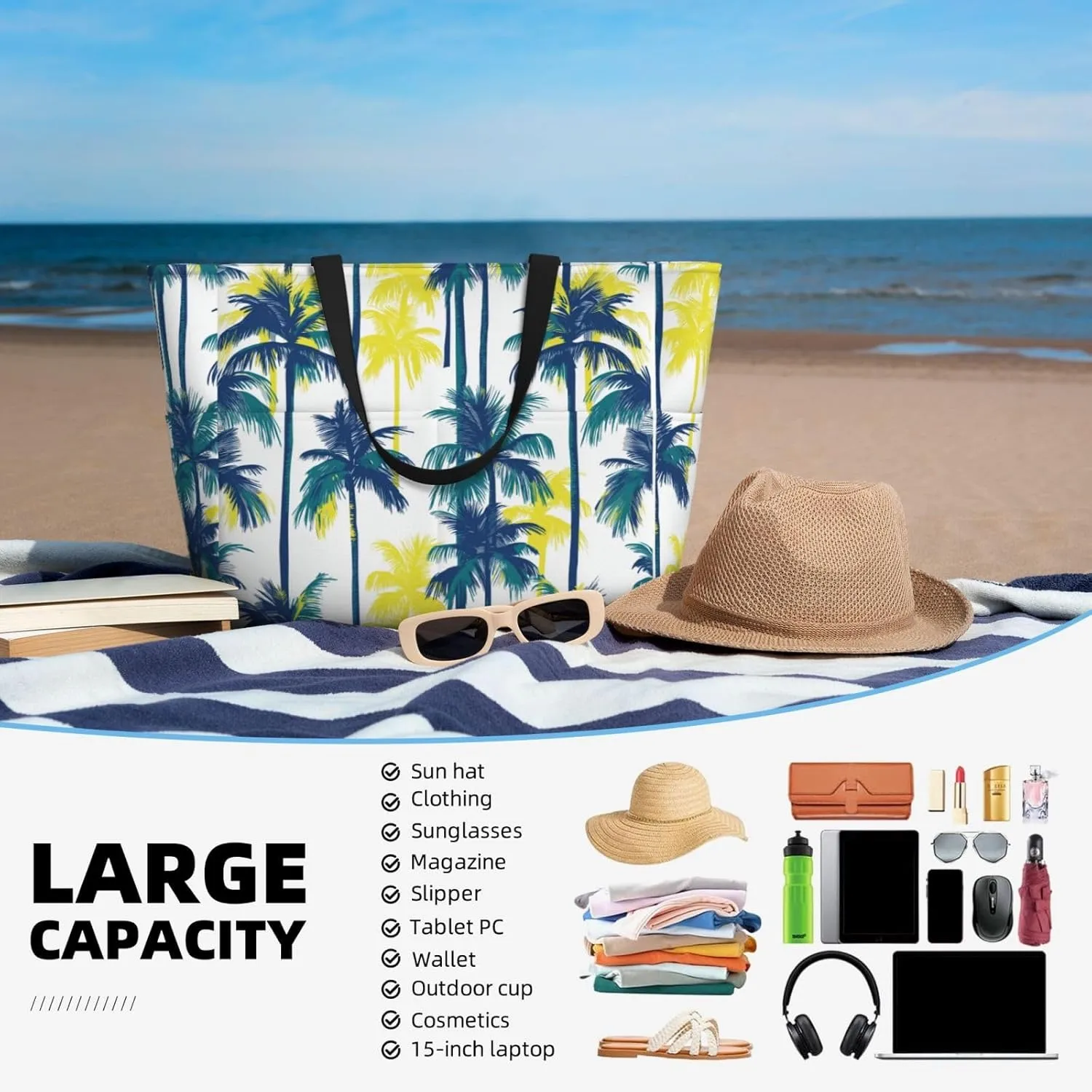 Beach Tote Bag for Women Beach Bag Waterproof and Sandproof Tote Bag with Wet Bag Large Travel Bag for Weekend Travel