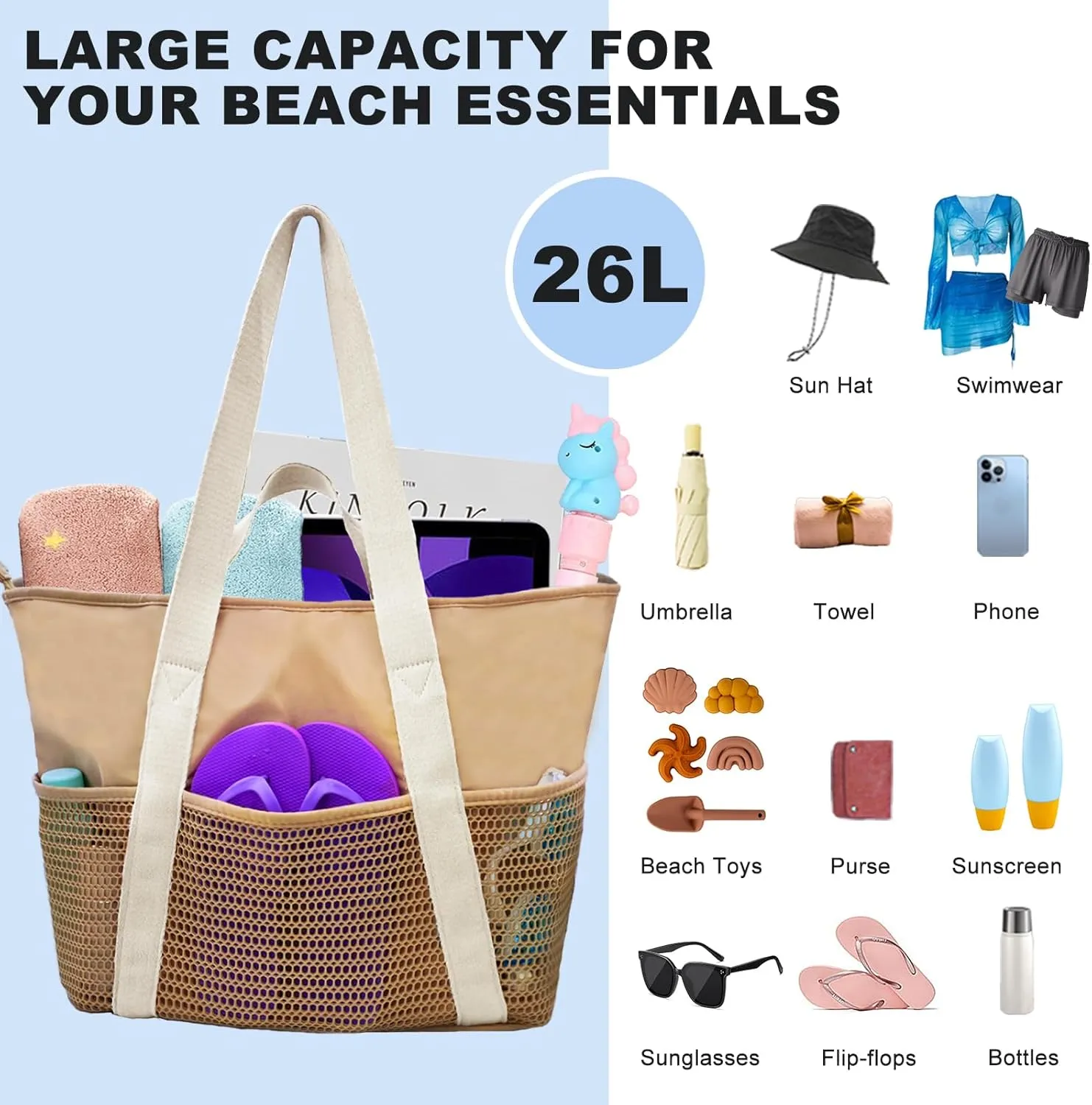 Beach Tote Bag Waterproof Sandproof Mesh Swiming Pool Bag with Zipper for Summer Vacation
