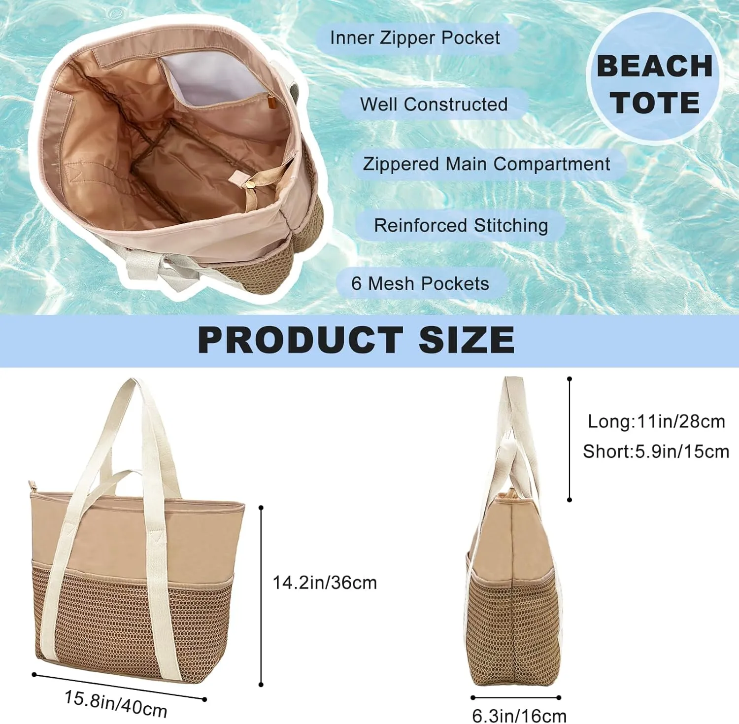 Beach Tote Bag Waterproof Sandproof Mesh Swiming Pool Bag with Zipper for Summer Vacation