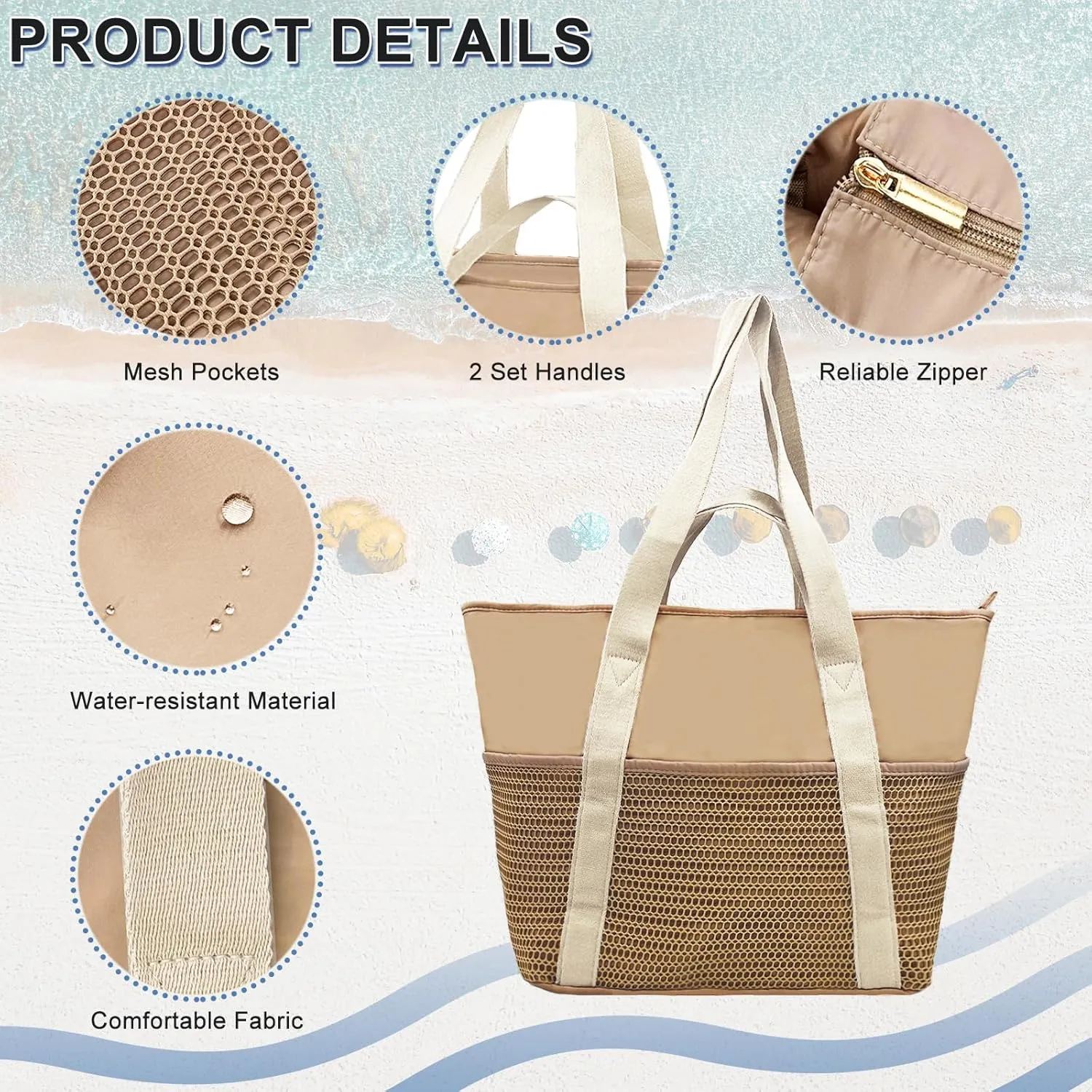 Beach Tote Bag Waterproof Sandproof Mesh Swiming Pool Bag with Zipper for Summer Vacation