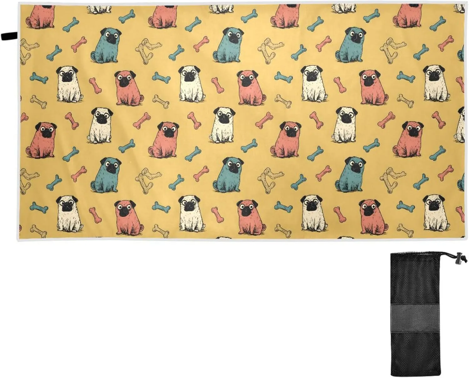 Beach Towel Bone Pugs Print Oversized Thin 30x60 in Quick Dry Sandproof Beach Blanket with Storage Bag