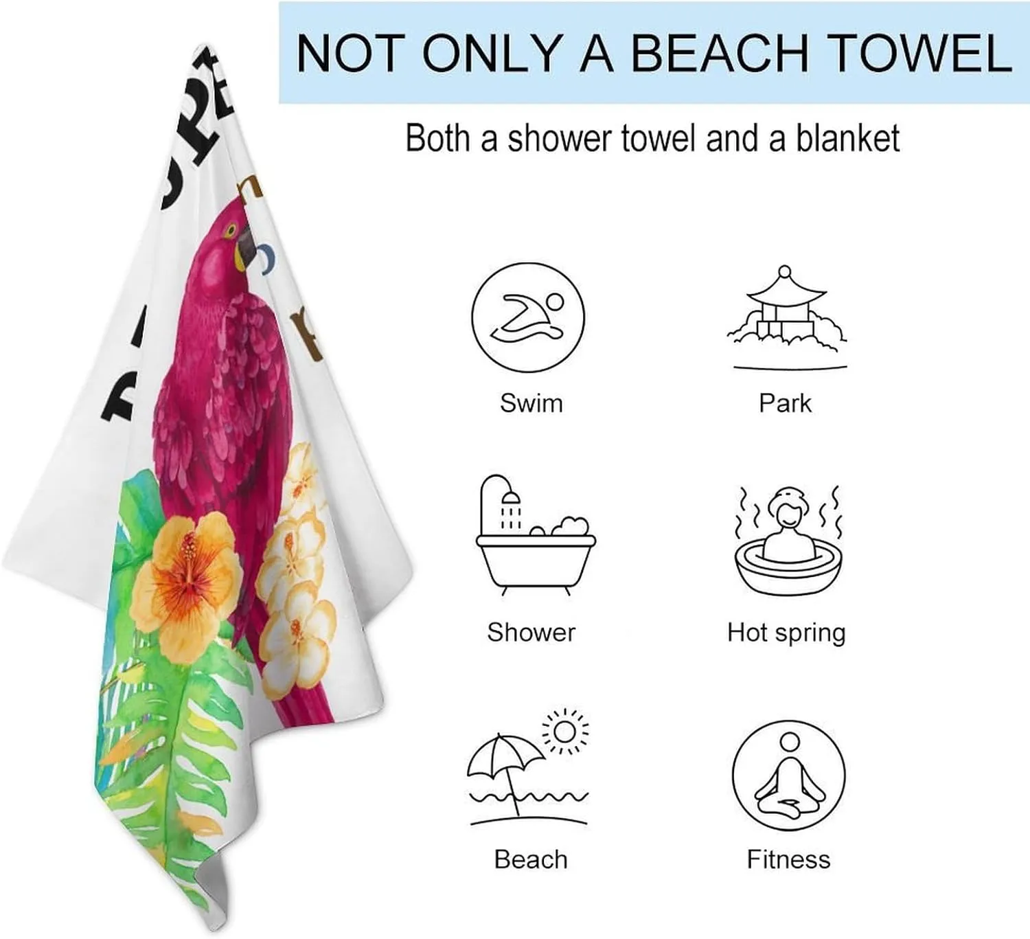 Beach Towel for Men, Bar Open No Shoes No Shirt No Problem Adult Bath Towel Lightweight Sand Free Fade Resistant Beach Blanket, Macaw Summer Hawaiian Toucan Rustic Swim Roadtrips Towel 31x51 Inch