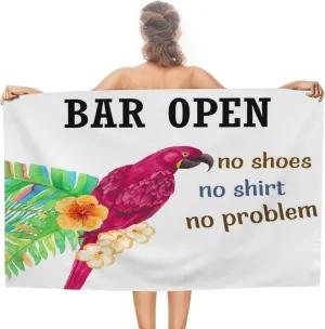Beach Towel for Men, Bar Open No Shoes No Shirt No Problem Adult Bath Towel Lightweight Sand Free Fade Resistant Beach Blanket, Macaw Summer Hawaiian Toucan Rustic Swim Roadtrips Towel 31x51 Inch