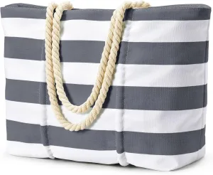 Becokan Beach Bag Large Waterproof Sandproof Canvas Beach Tote Bag with Zipper Swim Pool Bag Travel Essentials