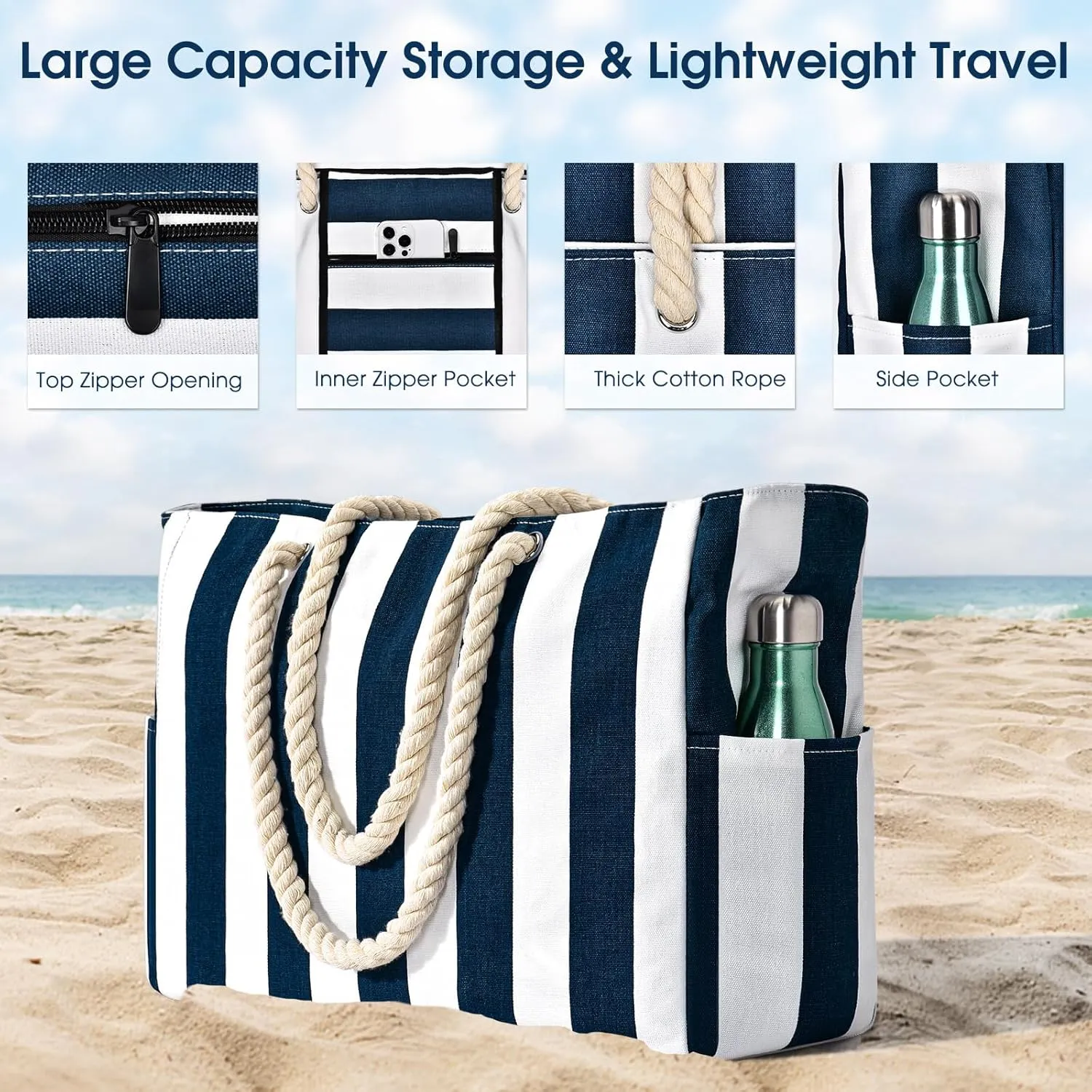Becokan Women's Pool Swim Bag - Waterproof Sandproof Large Stripe Beach Tote with Zipper