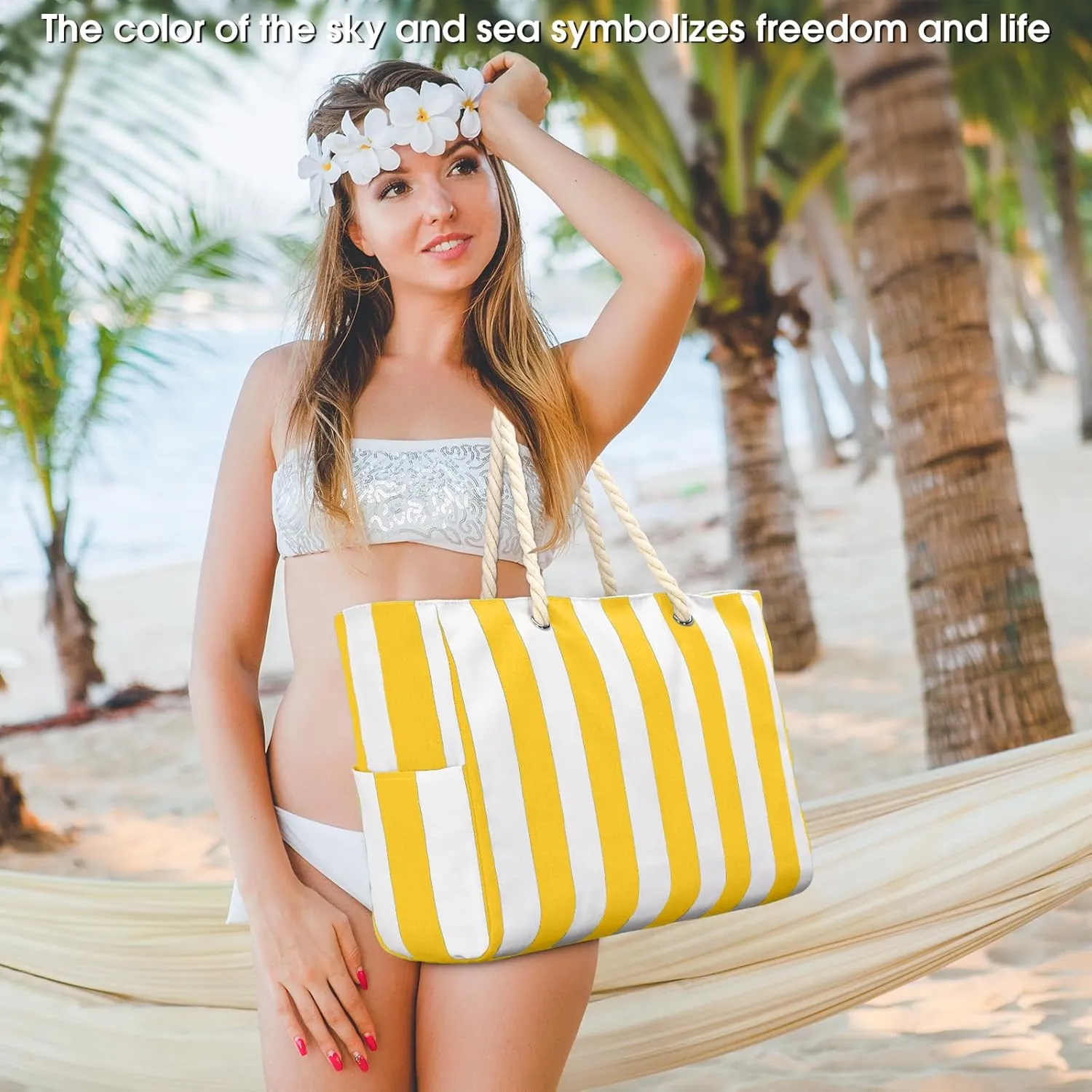 Becokan Women's Pool Swim Bag - Waterproof Sandproof Large Stripe Beach Tote with Zipper