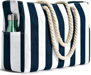 Becokan Women's Pool Swim Bag - Waterproof Sandproof Large Stripe Beach Tote with Zipper