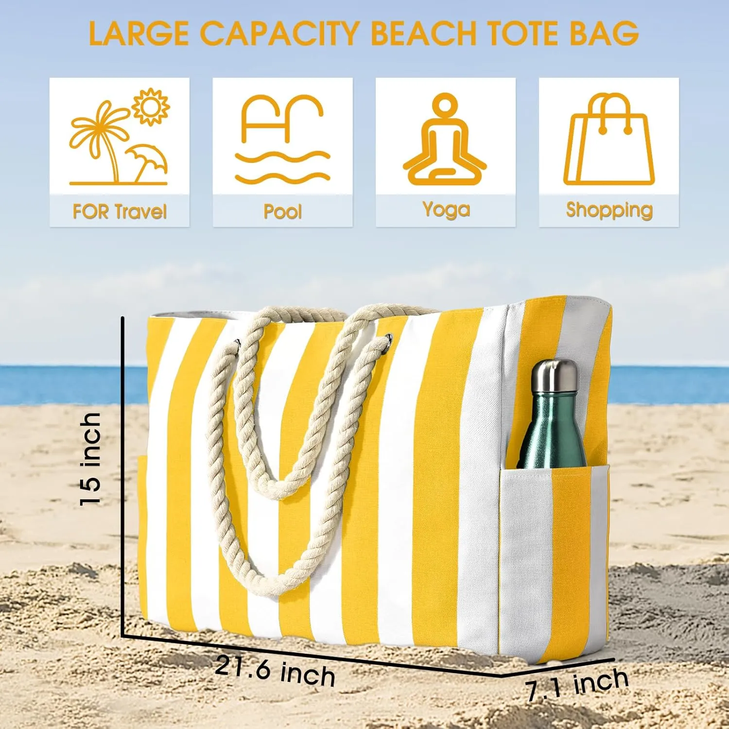 Becokan Women's Pool Swim Bag - Waterproof Sandproof Large Stripe Beach Tote with Zipper