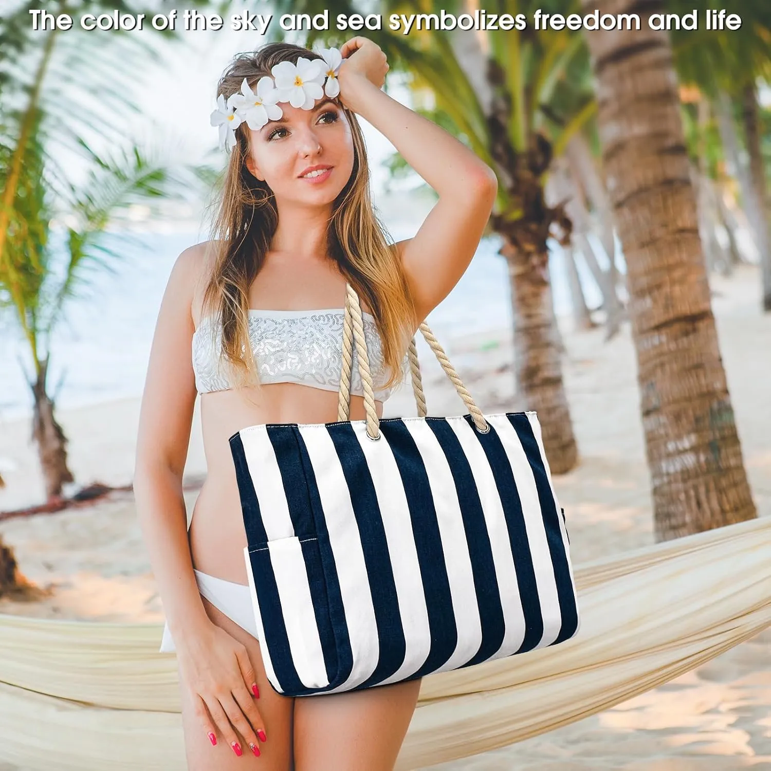 Becokan Women's Pool Swim Bag - Waterproof Sandproof Large Stripe Beach Tote with Zipper