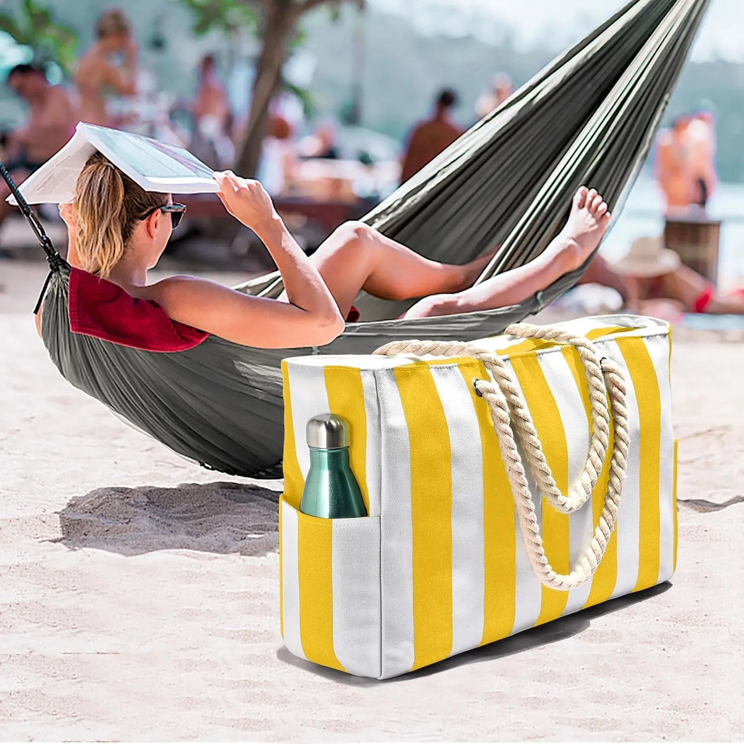 Becokan Women's Pool Swim Bag - Waterproof Sandproof Large Stripe Beach Tote with Zipper