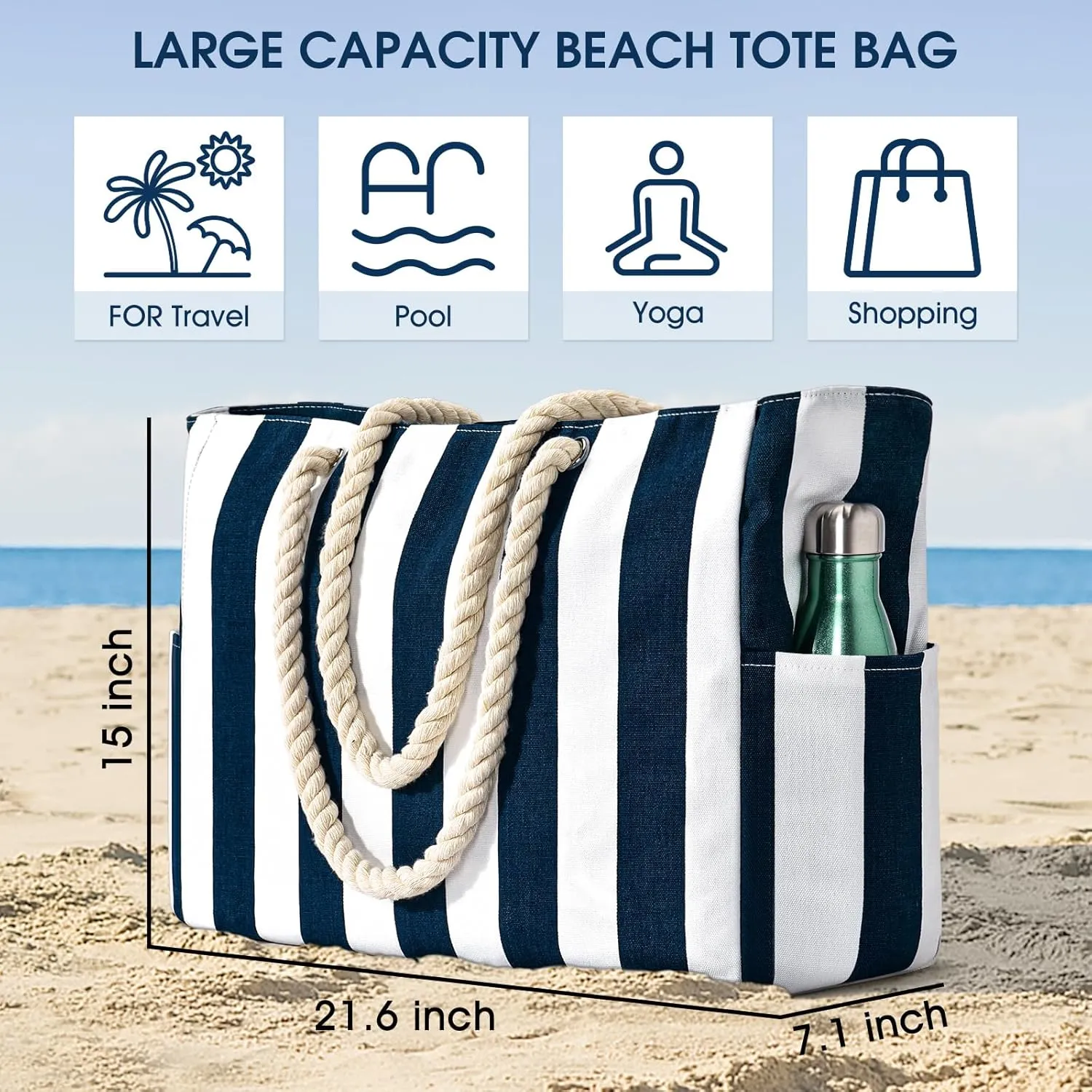 Becokan Women's Pool Swim Bag - Waterproof Sandproof Large Stripe Beach Tote with Zipper