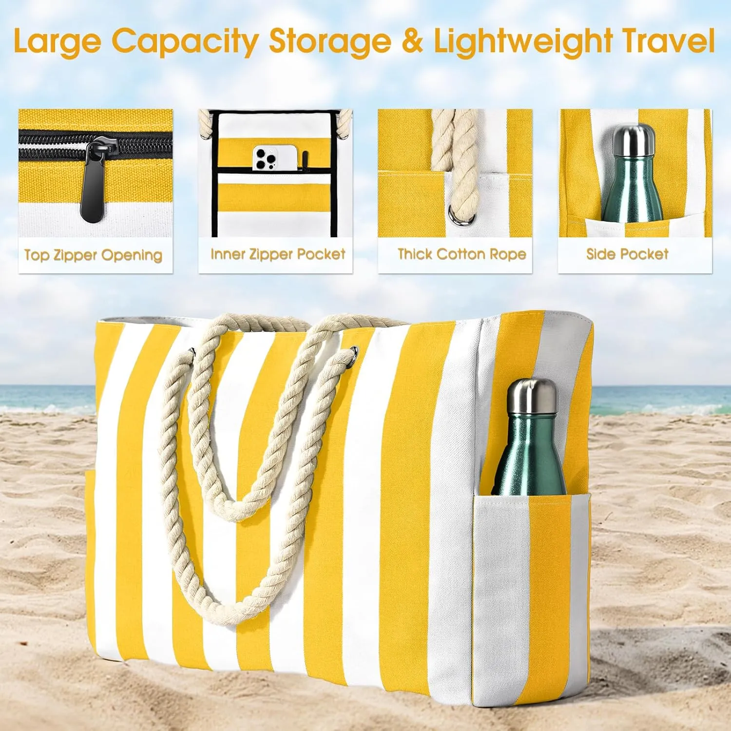 Becokan Women's Pool Swim Bag - Waterproof Sandproof Large Stripe Beach Tote with Zipper