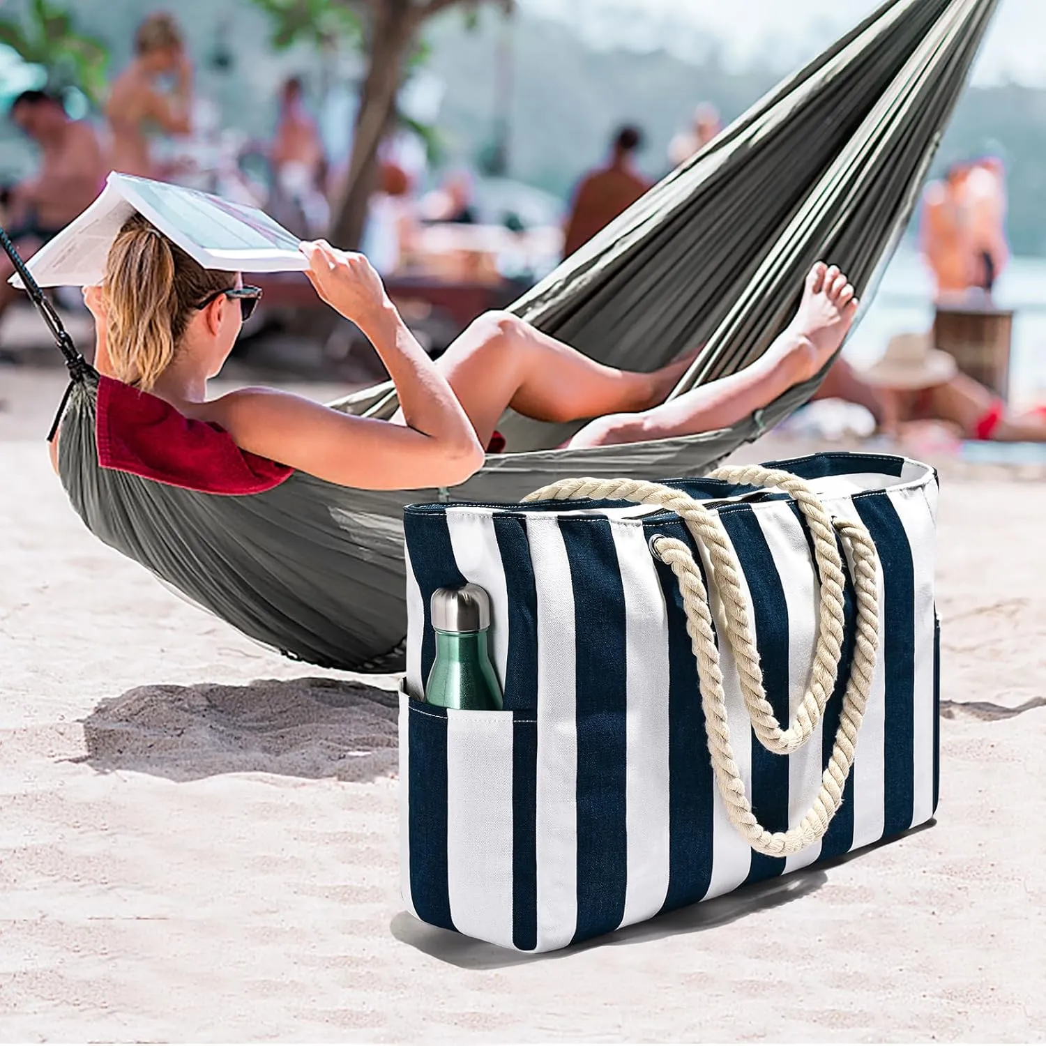 Becokan Women's Pool Swim Bag - Waterproof Sandproof Large Stripe Beach Tote with Zipper