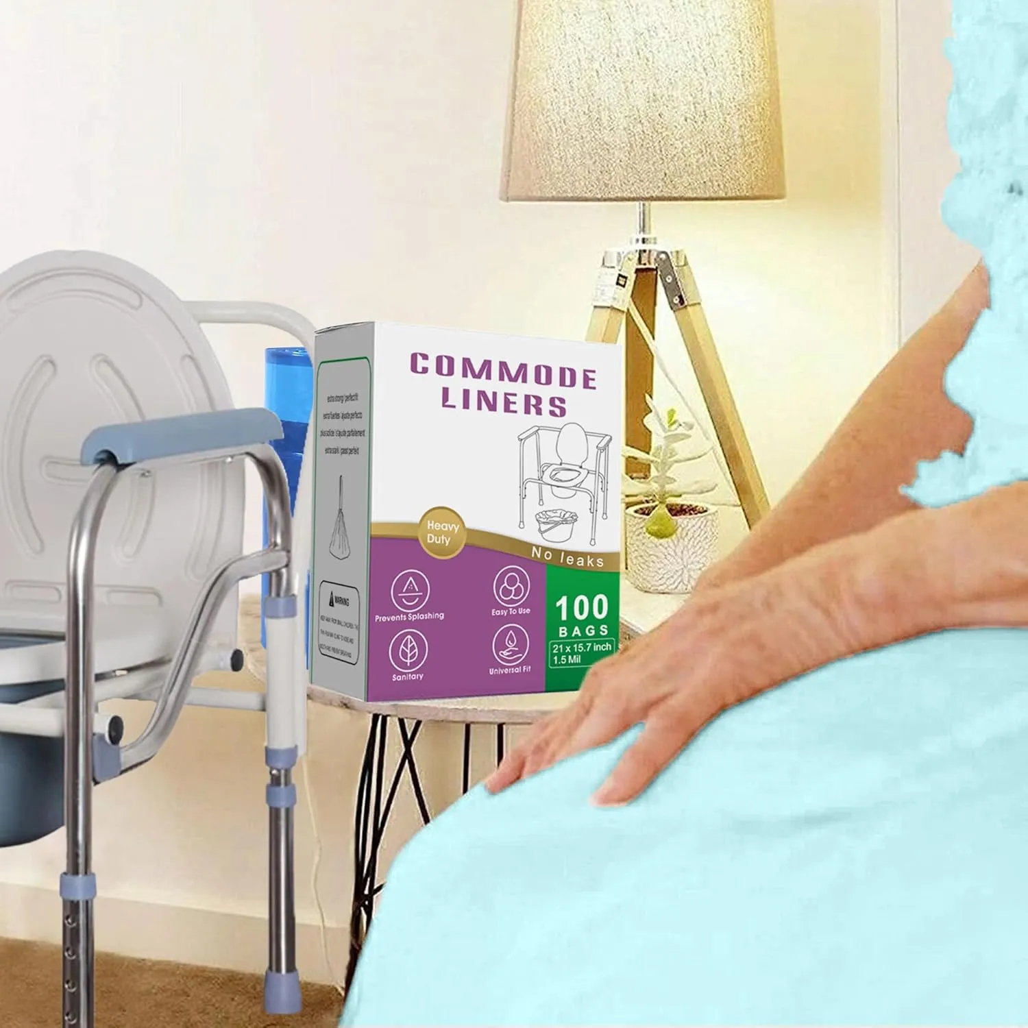 Bedside Commode Liners Compatible with Medline Bedside Commode | 100 Count Disposable Bags Universal Fit Most Standard Toilet Chair Bucket | Portable Toilet Bags Blue