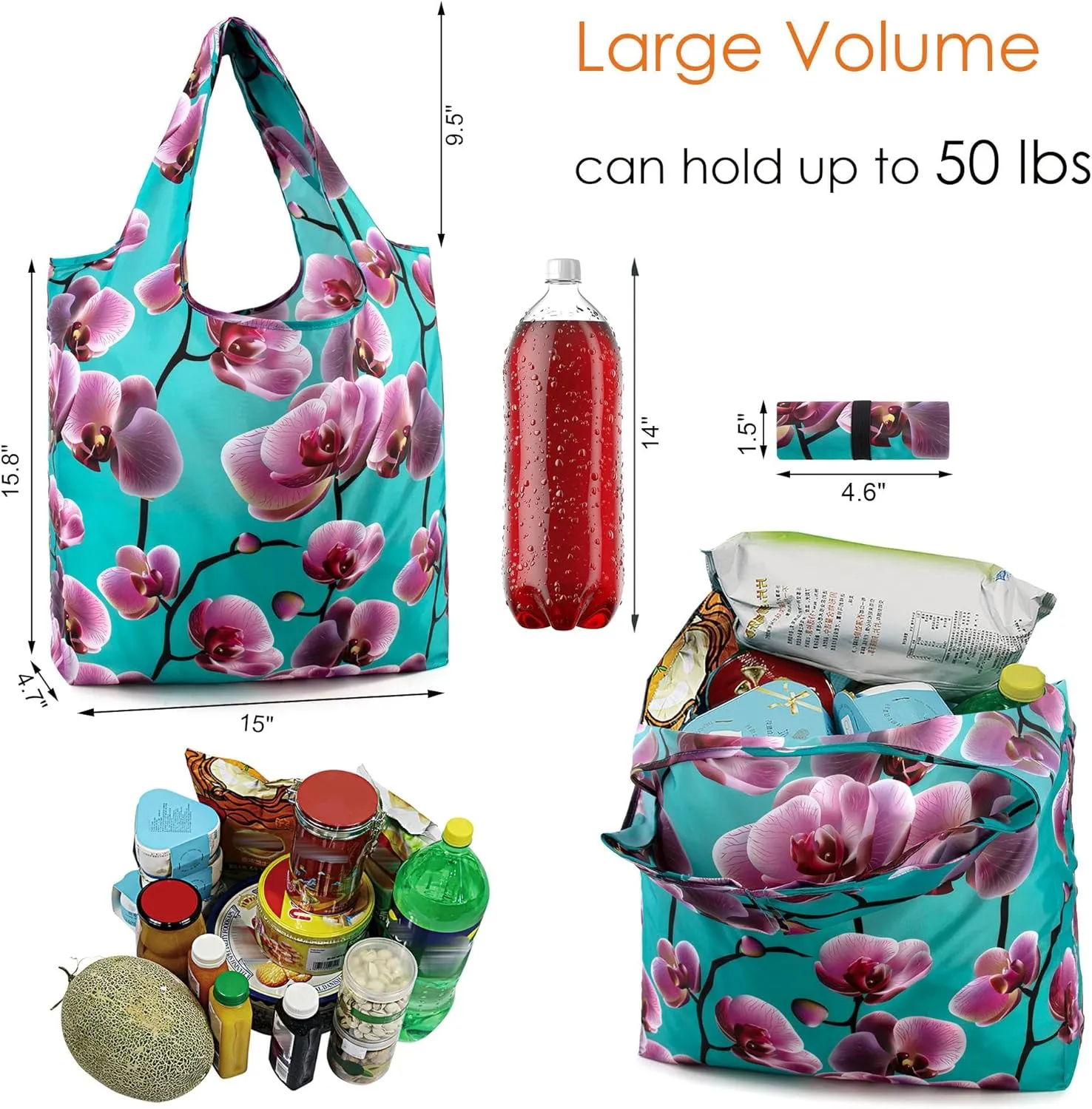 BeeGreen 12 Packs Flower Reusable Grocery Bags Reusable Tote Bags Extra Large 50LBS Cute Floral Design Foldable Reusable Bags for Women Men Lightweight Durable
