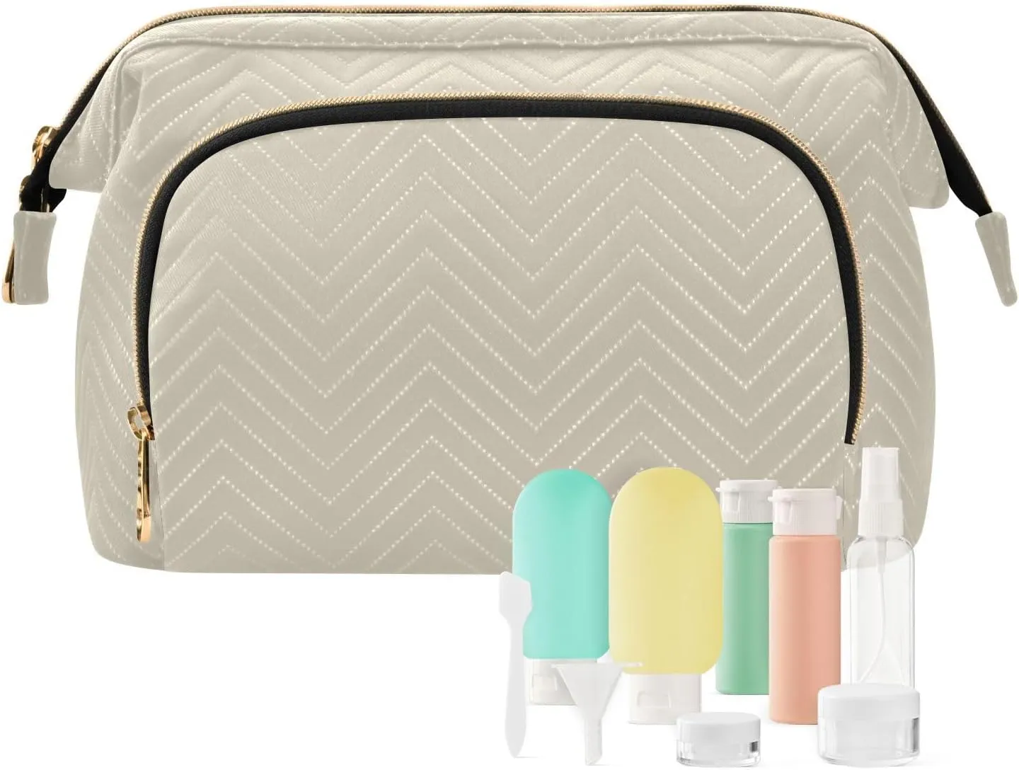 Beige Makeup Bag Travel Toiletry Bag Cosmetic Bag Pouch Cute Large Makeup Case Box Skincare Bag Organizer Make Up Bags for Toiletries Women Purse Men Adults Trip Sports