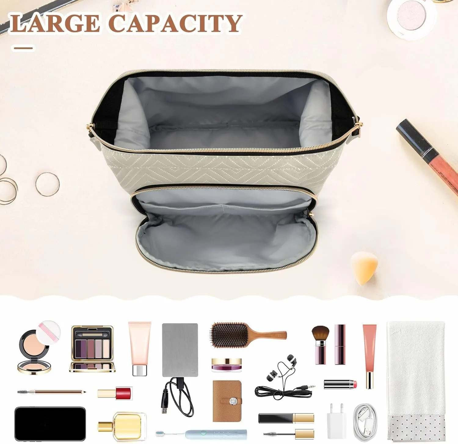 Beige Makeup Bag Travel Toiletry Bag Cosmetic Bag Pouch Cute Large Makeup Case Box Skincare Bag Organizer Make Up Bags for Toiletries Women Purse Men Adults Trip Sports