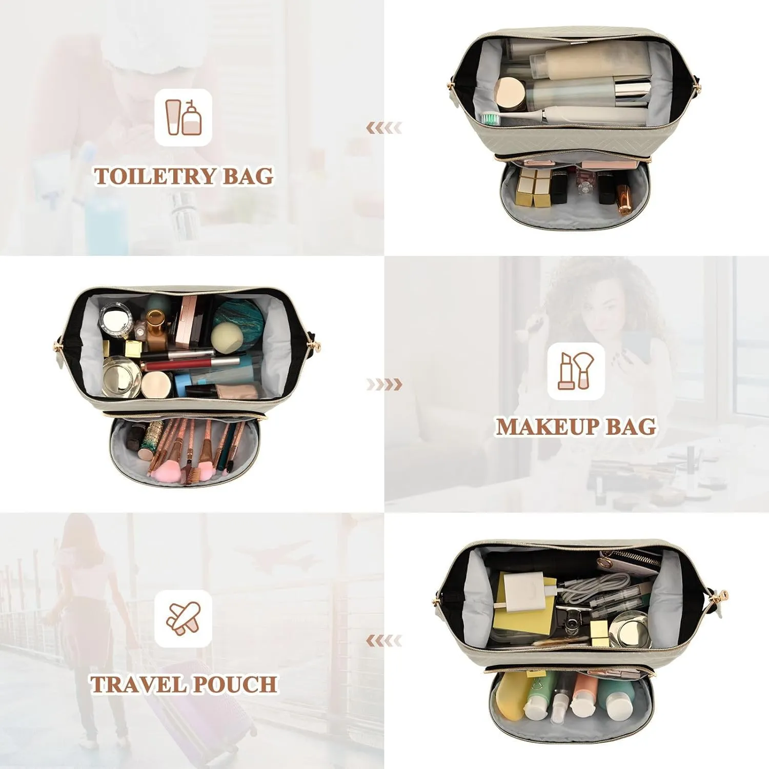 Beige Makeup Bag Travel Toiletry Bag Cosmetic Bag Pouch Cute Large Makeup Case Box Skincare Bag Organizer Make Up Bags for Toiletries Women Purse Men Adults Trip Sports