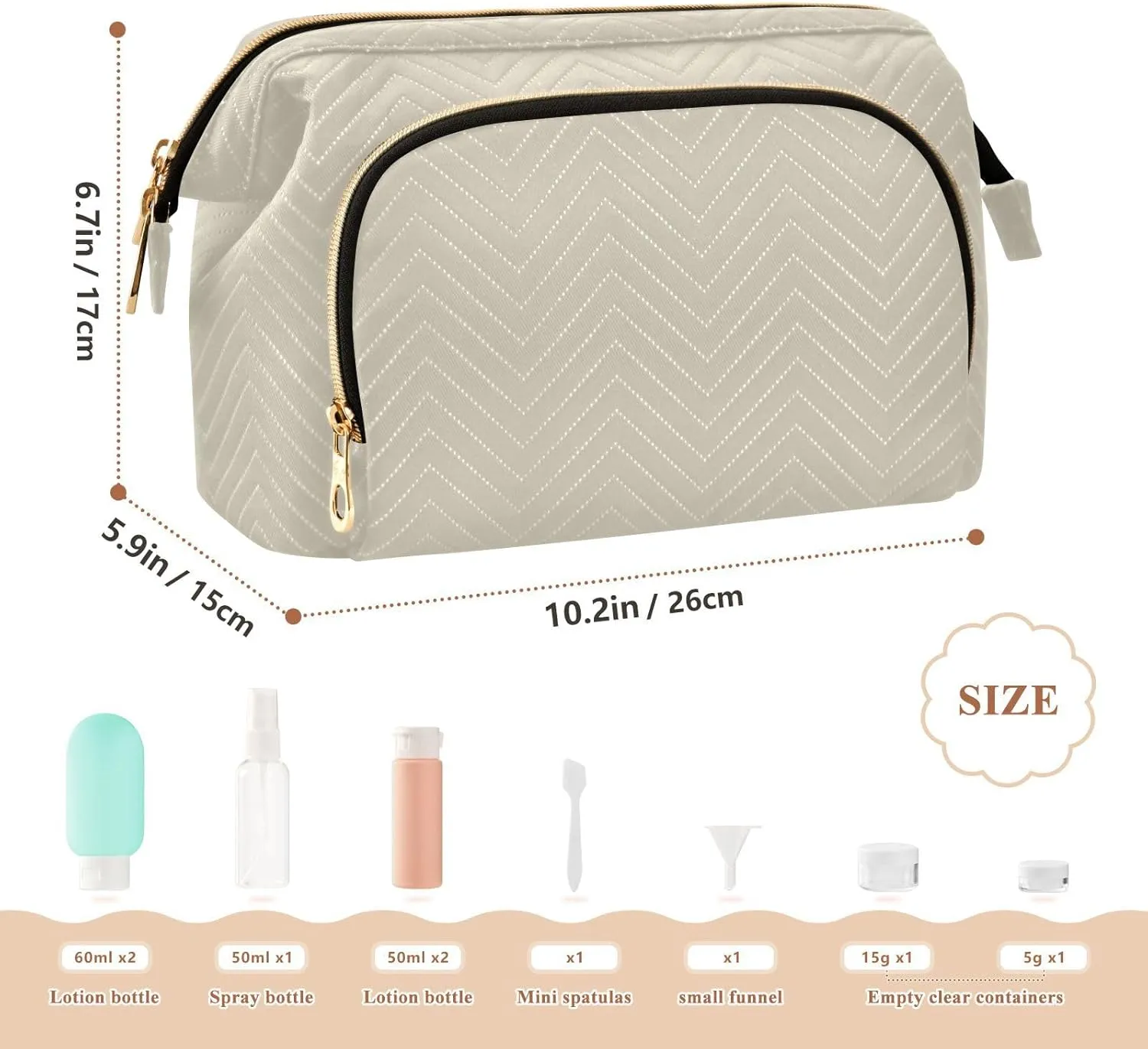 Beige Makeup Bag Travel Toiletry Bag Cosmetic Bag Pouch Cute Large Makeup Case Box Skincare Bag Organizer Make Up Bags for Toiletries Women Purse Men Adults Trip Sports