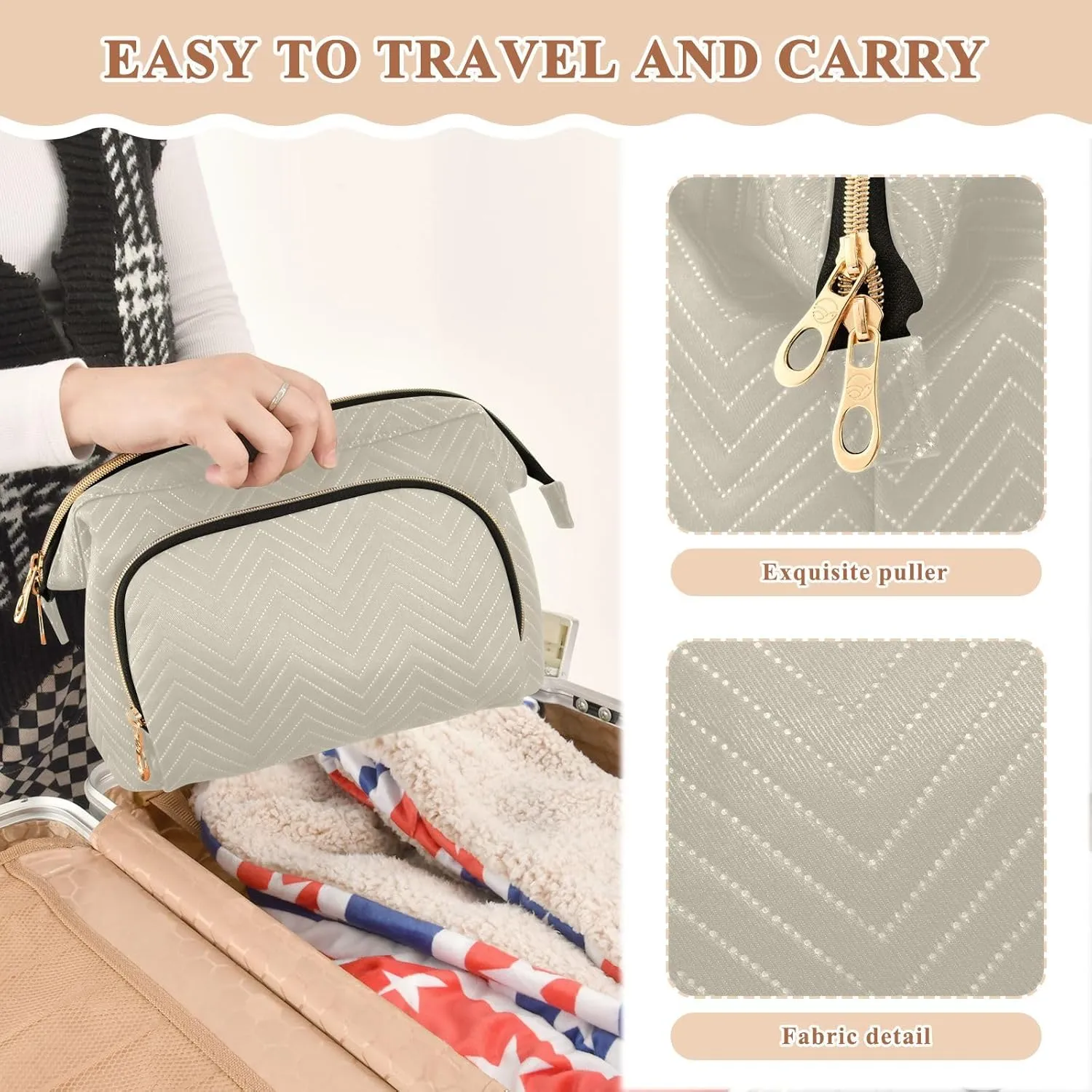 Beige Makeup Bag Travel Toiletry Bag Cosmetic Bag Pouch Cute Large Makeup Case Box Skincare Bag Organizer Make Up Bags for Toiletries Women Purse Men Adults Trip Sports