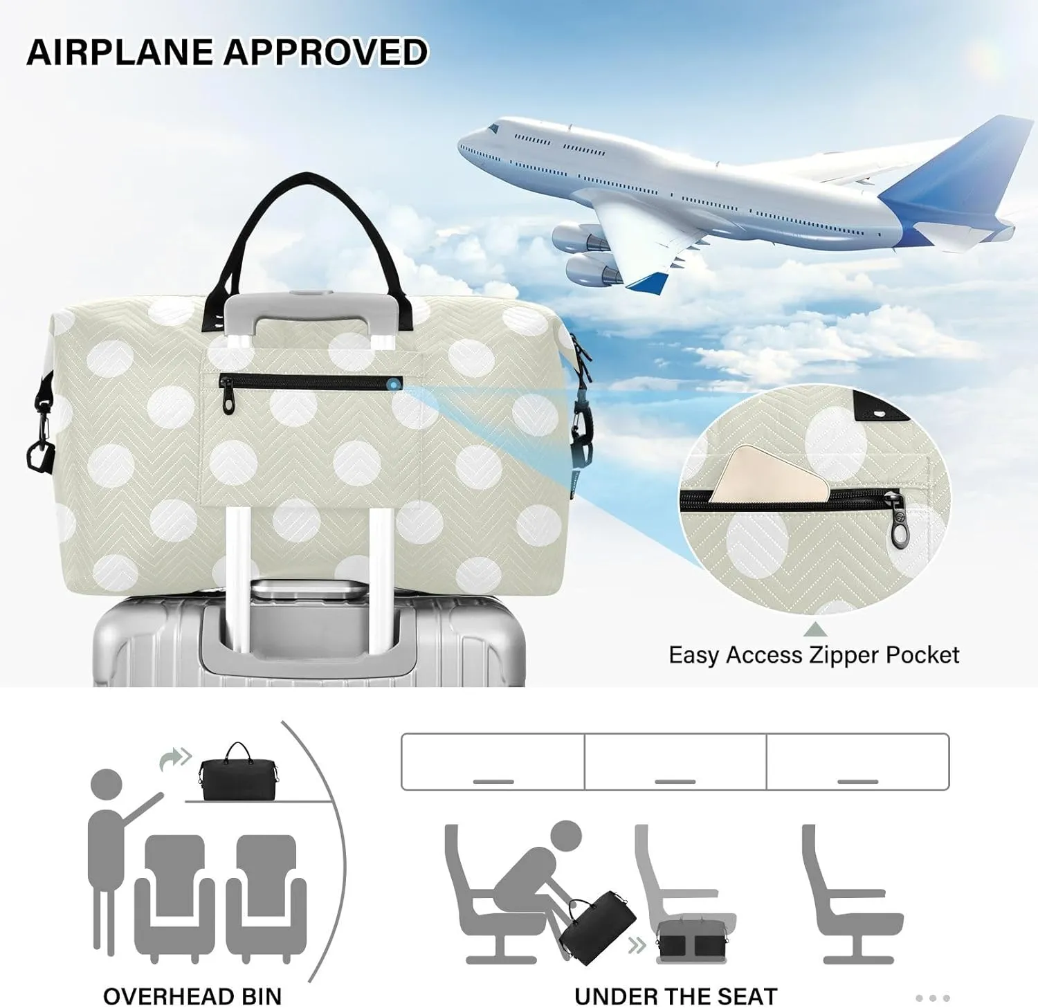 Beige Polka Dot Sports Gym Bag for Women Men Travel Duffel Bag Weekend Overnight Carry on Bag with Toiletry Bag Hospital Bag for Hospital Plane Swimming Yoga Workout