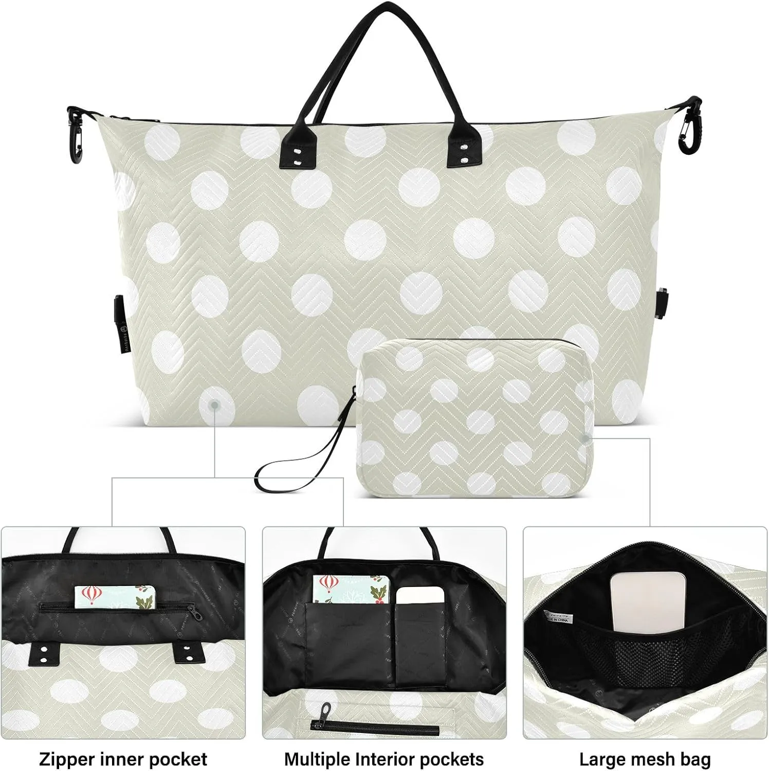 Beige Polka Dot Sports Gym Bag for Women Men Travel Duffel Bag Weekend Overnight Carry on Bag with Toiletry Bag Hospital Bag for Hospital Plane Swimming Yoga Workout