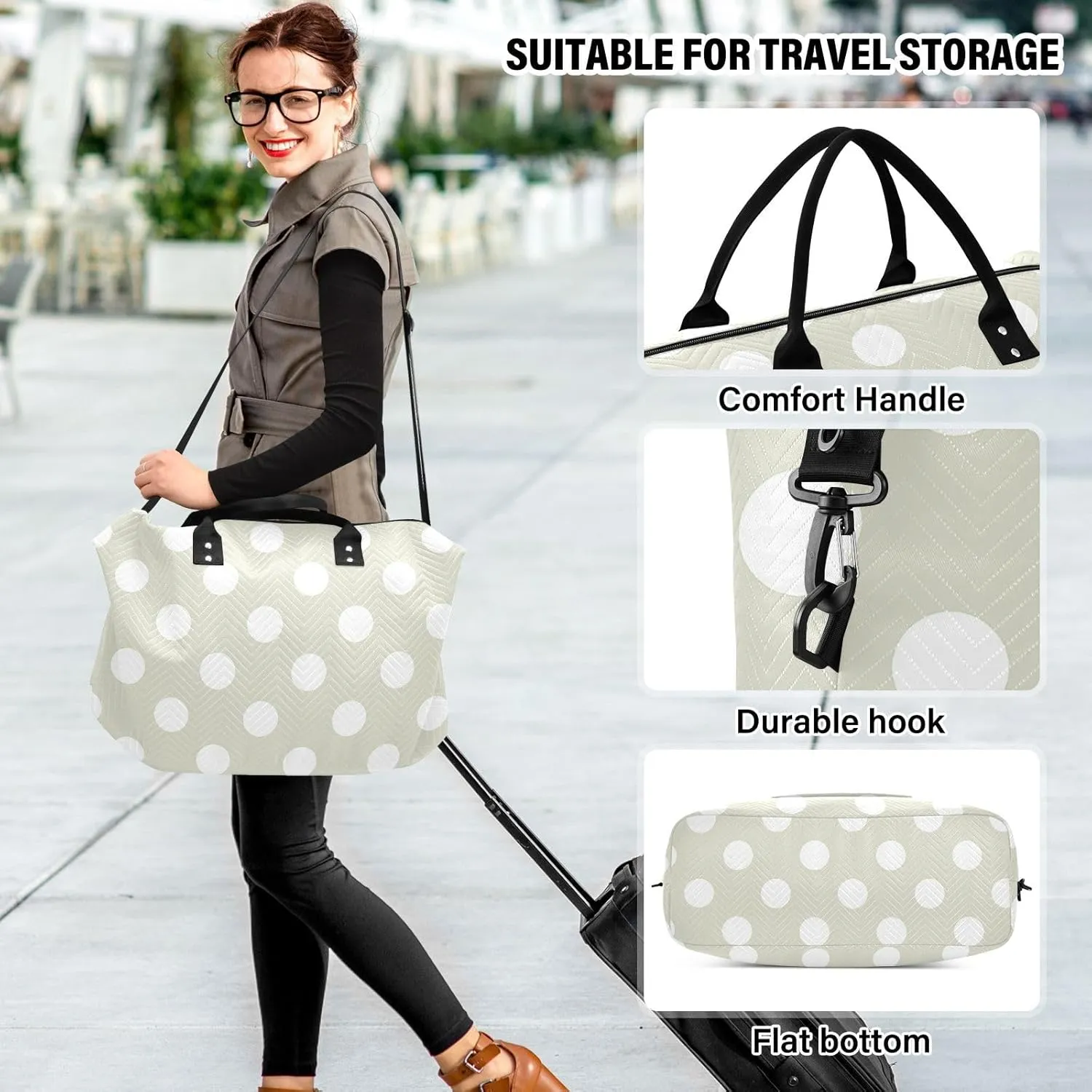 Beige Polka Dot Sports Gym Bag for Women Men Travel Duffel Bag Weekend Overnight Carry on Bag with Toiletry Bag Hospital Bag for Hospital Plane Swimming Yoga Workout