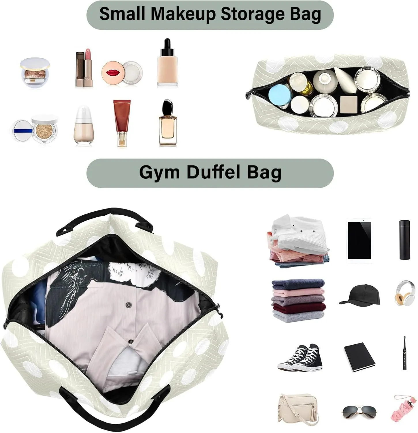 Beige Polka Dot Sports Gym Bag for Women Men Travel Duffel Bag Weekend Overnight Carry on Bag with Toiletry Bag Hospital Bag for Hospital Plane Swimming Yoga Workout