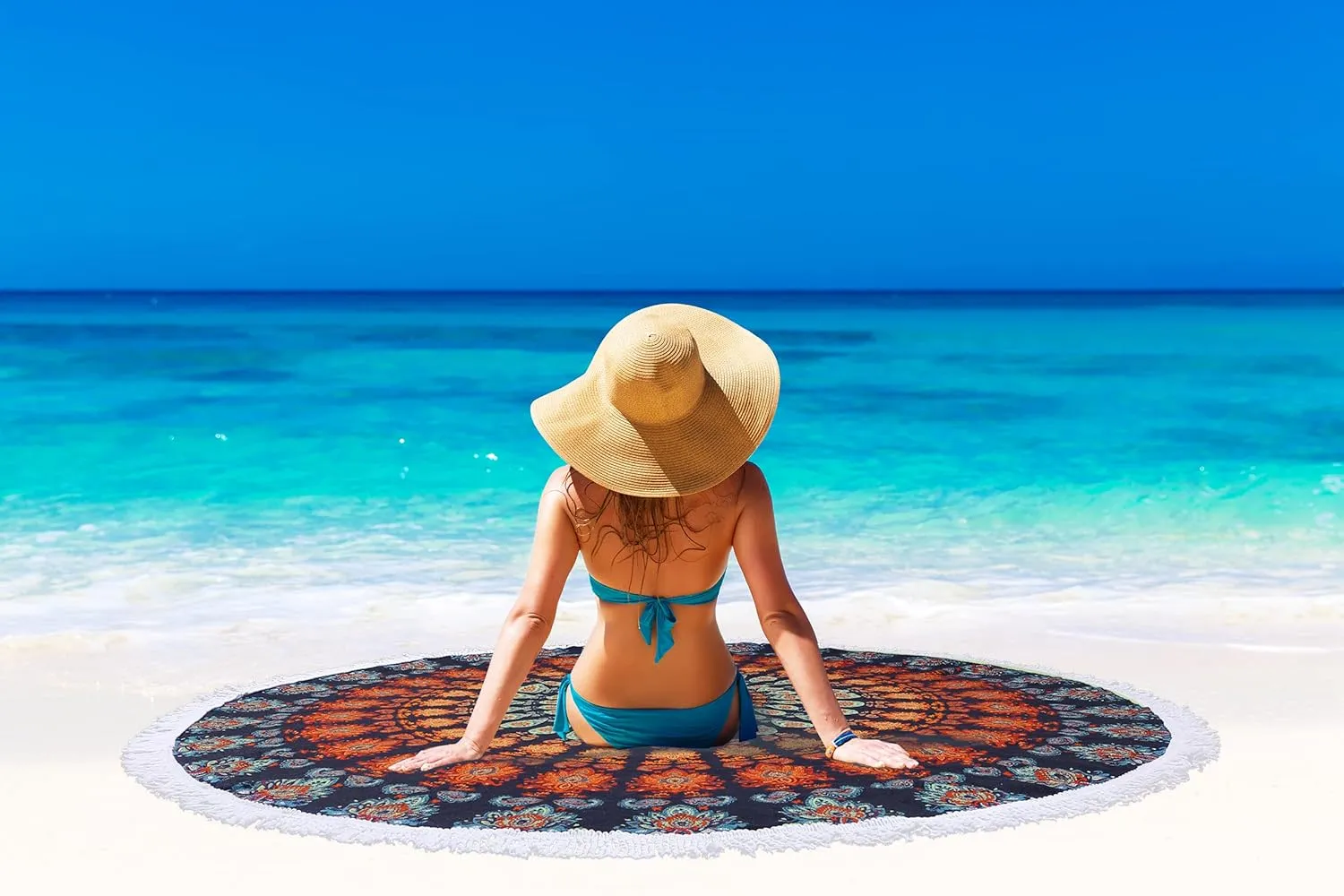 Benefeet Sox Beach Towel Large Round Beach Blanket Microfiber Quick Dry Beach Towels Tassels Throw Bohemian Roundie Swim Pool Circle Towel, 59 Inches-Blue Orange