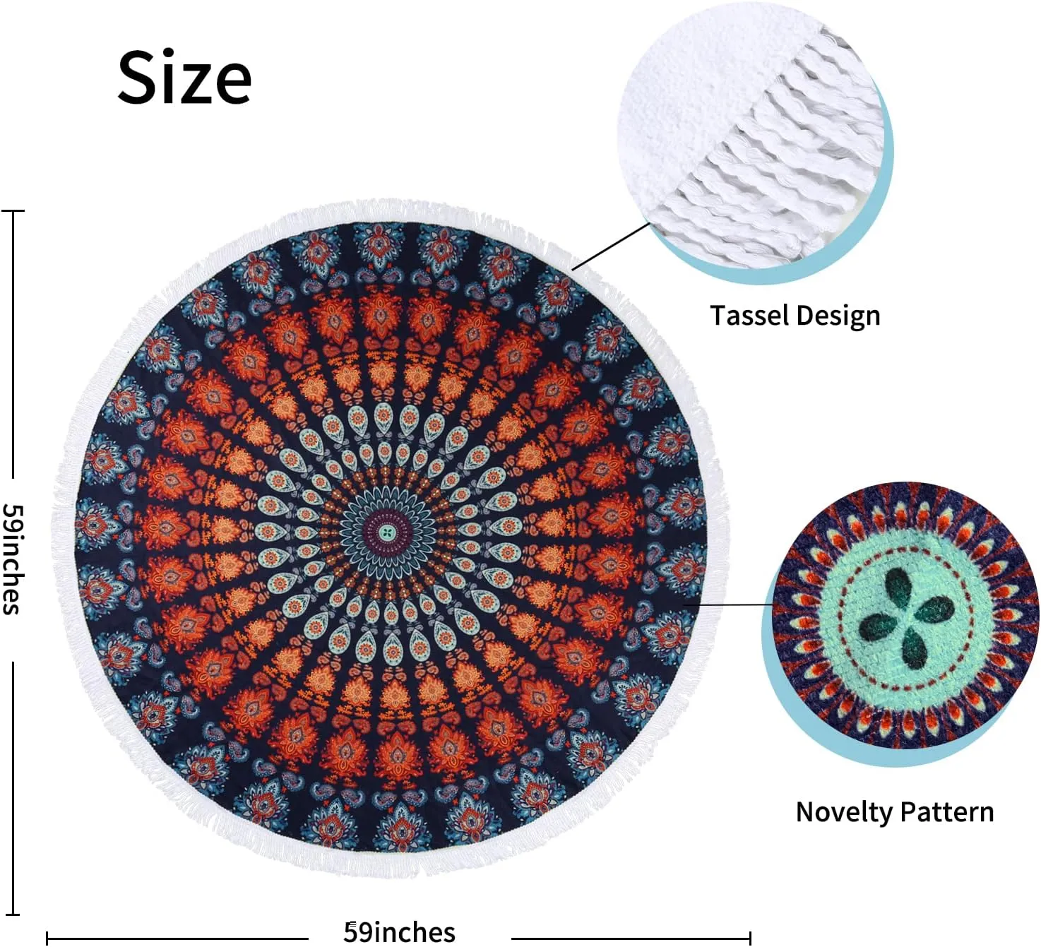 Benefeet Sox Beach Towel Large Round Beach Blanket Microfiber Quick Dry Beach Towels Tassels Throw Bohemian Roundie Swim Pool Circle Towel, 59 Inches-Blue Orange