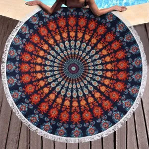 Benefeet Sox Beach Towel Large Round Beach Blanket Microfiber Quick Dry Beach Towels Tassels Throw Bohemian Roundie Swim Pool Circle Towel, 59 Inches-Blue Orange