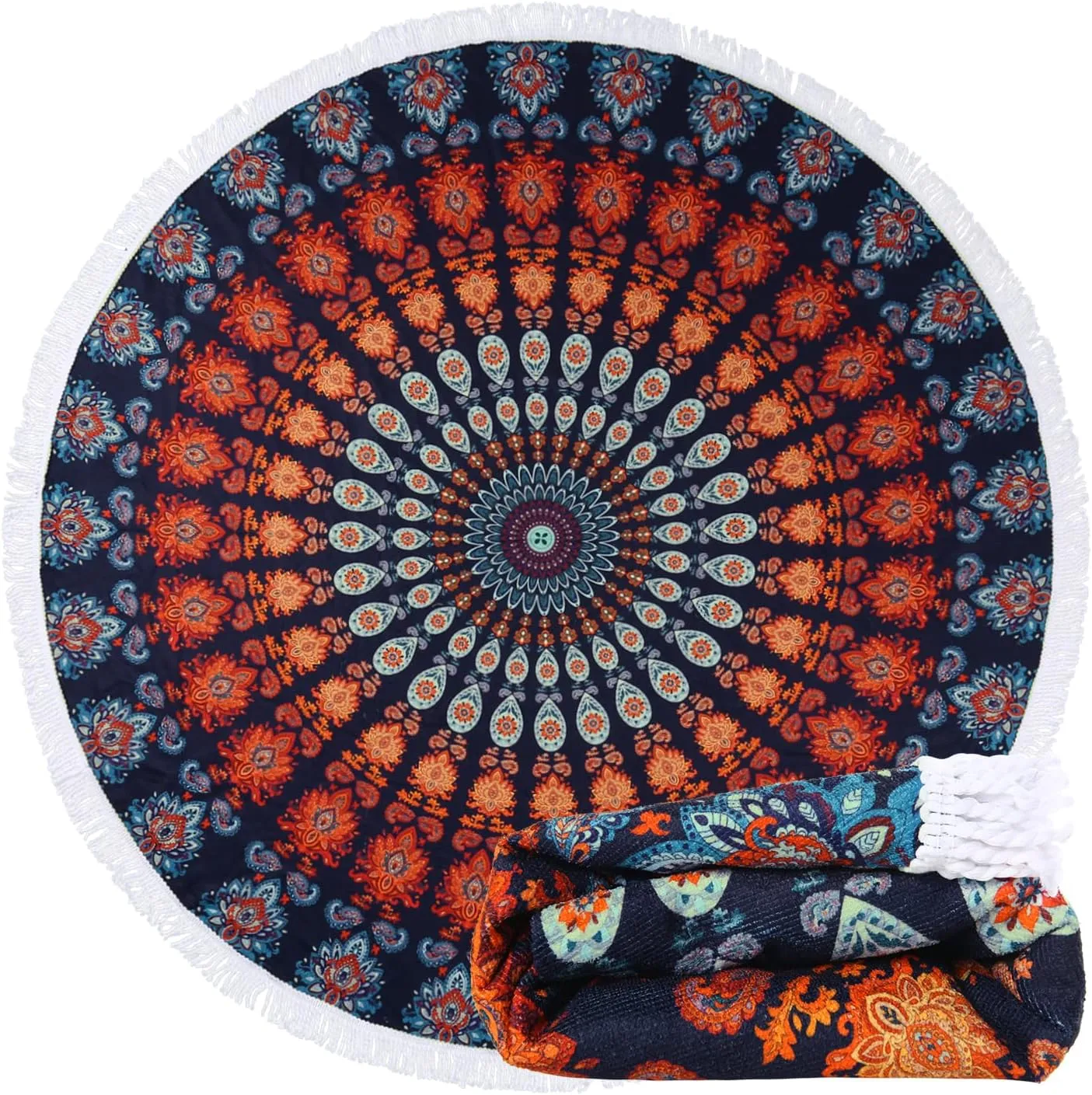 Benefeet Sox Beach Towel Large Round Beach Blanket Microfiber Quick Dry Beach Towels Tassels Throw Bohemian Roundie Swim Pool Circle Towel, 59 Inches-Blue Orange