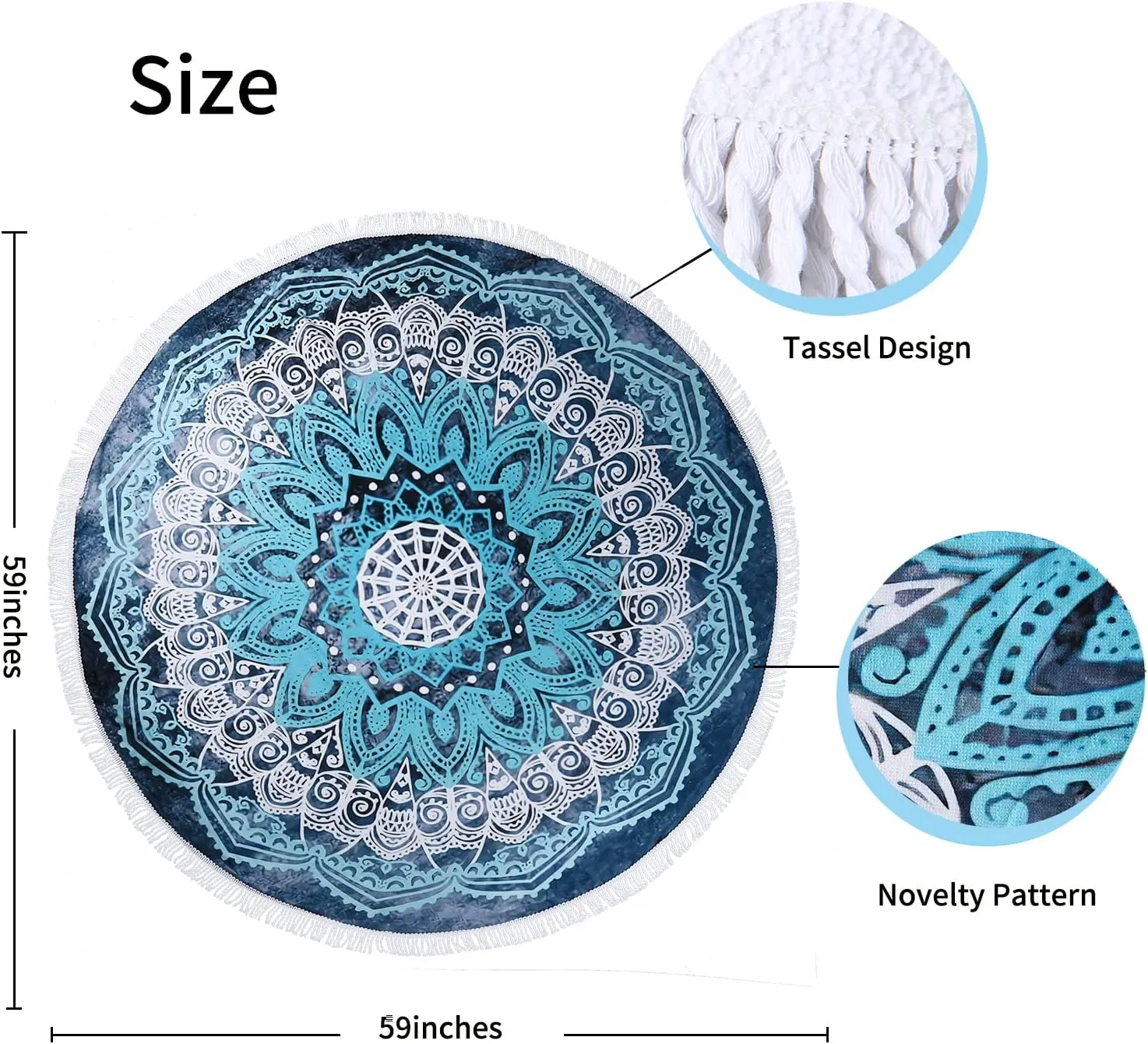 Benefeet Sox Beach Towel Large Round Beach Blanket Microfiber Quick Dry Beach Towels Tassels Throw Bohemian Roundie Swim Pool Circle Towel, 59 Inches-Mandala Blue