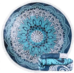 Benefeet Sox Beach Towel Large Round Beach Blanket Microfiber Quick Dry Beach Towels Tassels Throw Bohemian Roundie Swim Pool Circle Towel, 59 Inches-Mandala Blue