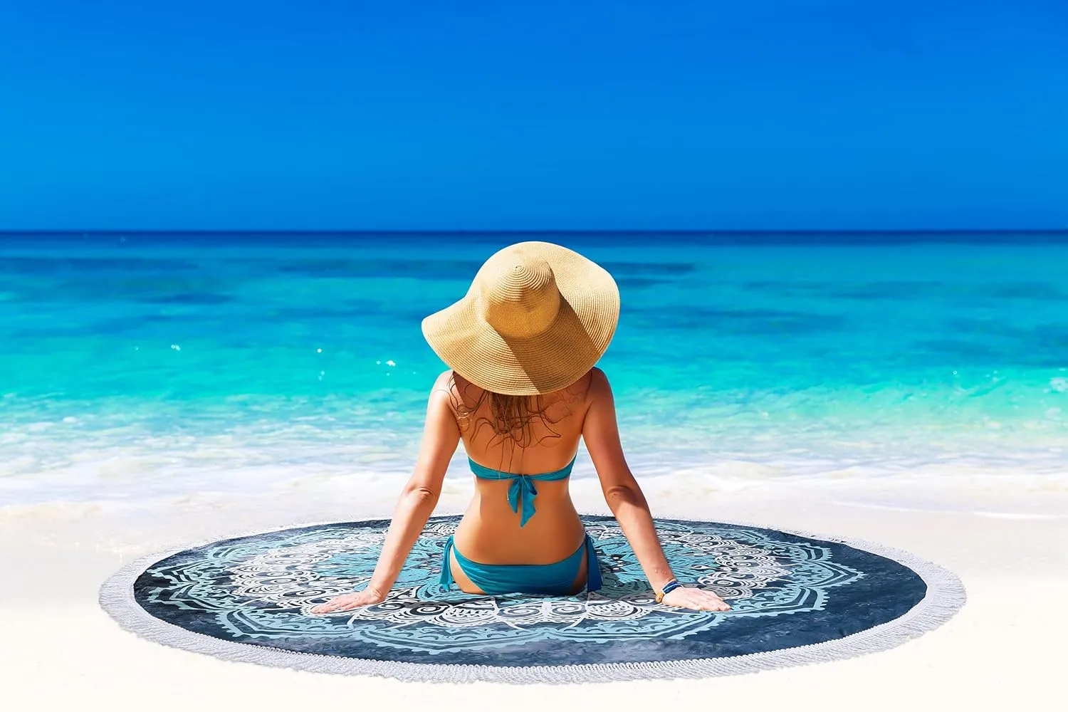 Benefeet Sox Beach Towel Large Round Beach Blanket Microfiber Quick Dry Beach Towels Tassels Throw Bohemian Roundie Swim Pool Circle Towel, 59 Inches-Mandala Blue