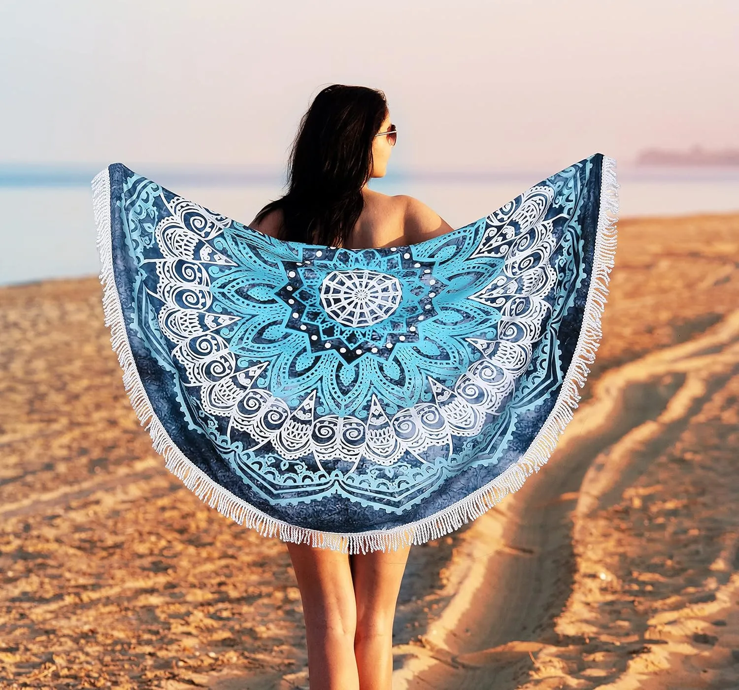 Benefeet Sox Beach Towel Large Round Beach Blanket Microfiber Quick Dry Beach Towels Tassels Throw Bohemian Roundie Swim Pool Circle Towel, 59 Inches-Mandala Blue